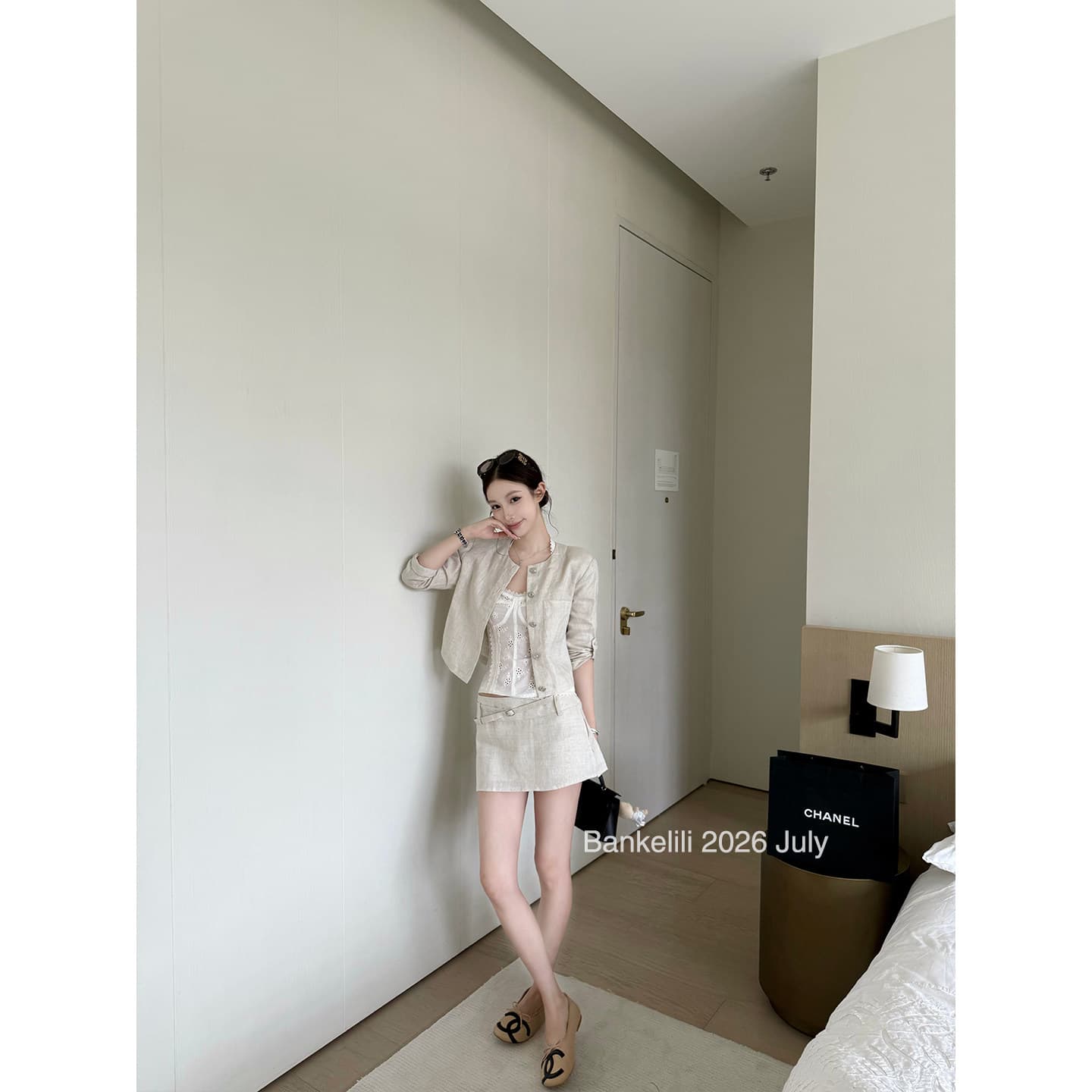 밤나무 코코아 bankelili 필리핀 린 휴일 아마 7부 소매 라운드 넥 재킷 반 스커트 세트 여성 이미지 2