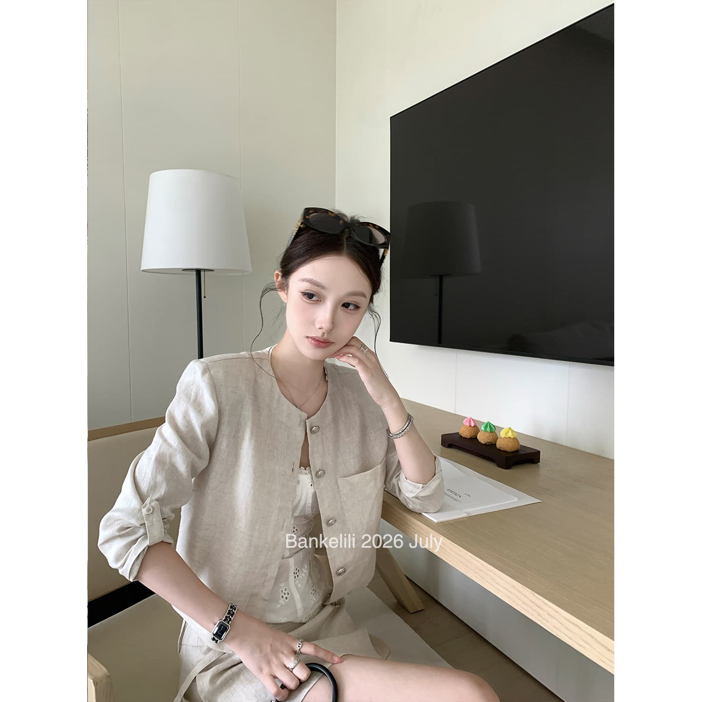 밤나무 코코아 bankelili 필리핀 린 휴일 아마 7부 소매 라운드 넥 재킷 반 스커트 세트 여성 이미지 5