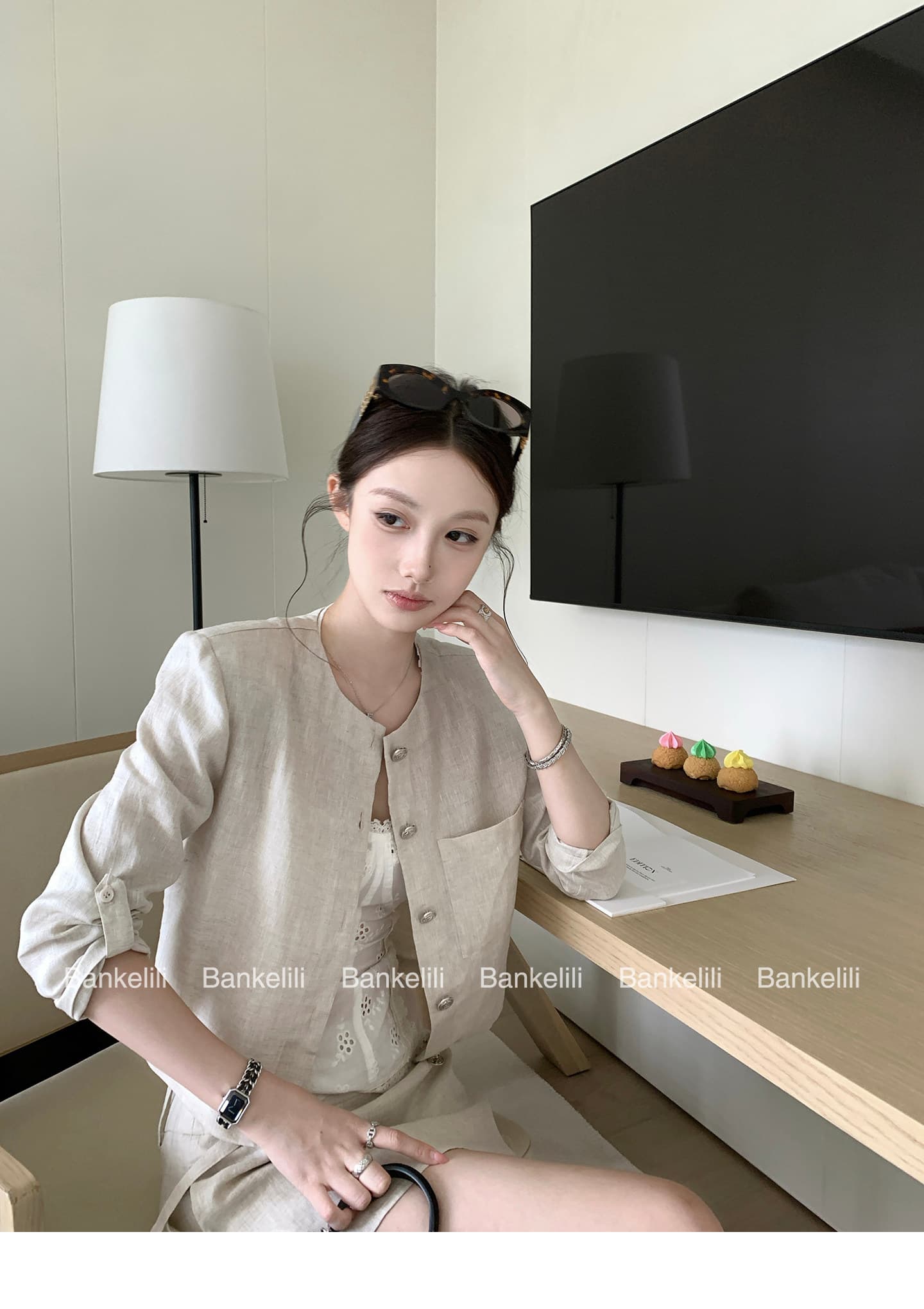 밤나무 코코아 bankelili 필리핀 린 휴일 아마 7부 소매 라운드 넥 재킷 반 스커트 세트 여성 상세 이미지 2