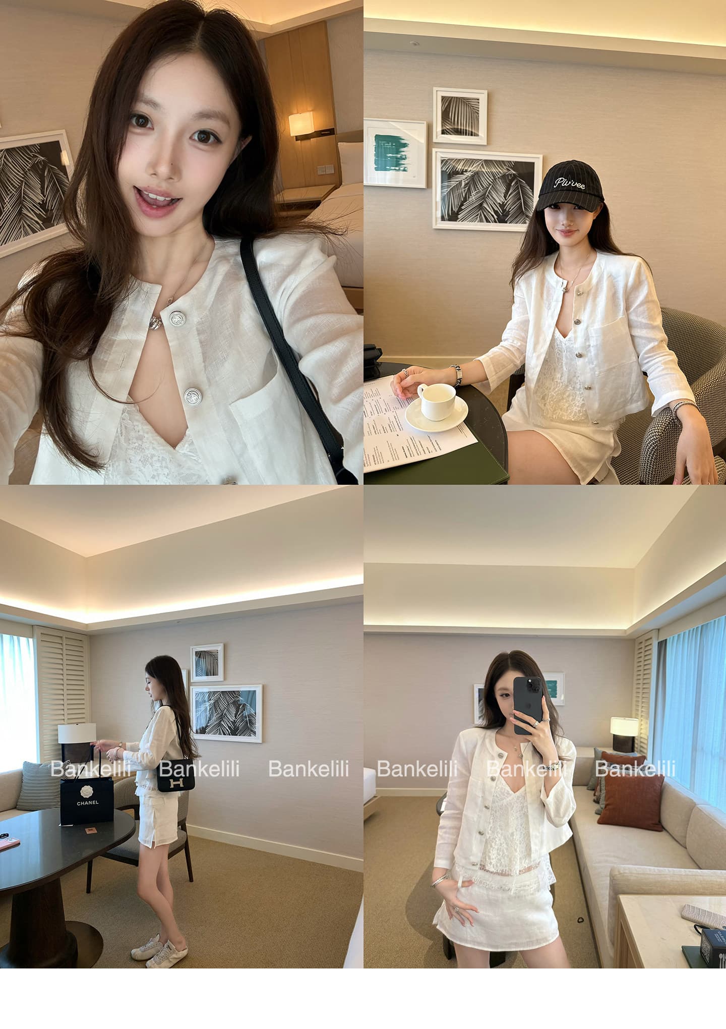밤나무 코코아 bankelili 필리핀 린 휴일 아마 7부 소매 라운드 넥 재킷 반 스커트 세트 여성 상세 이미지 3