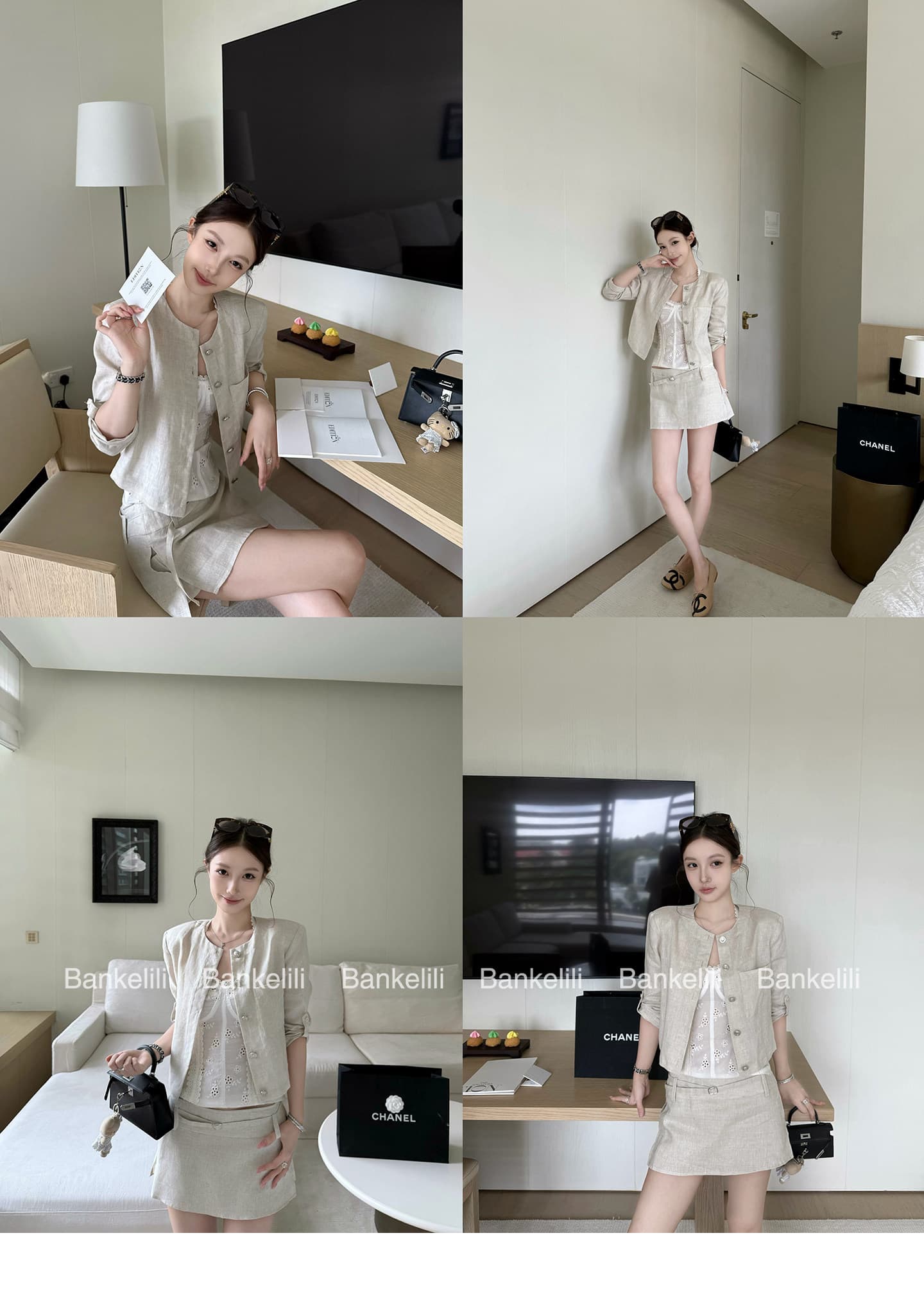 밤나무 코코아 bankelili 필리핀 린 휴일 아마 7부 소매 라운드 넥 재킷 반 스커트 세트 여성 상세 이미지 4