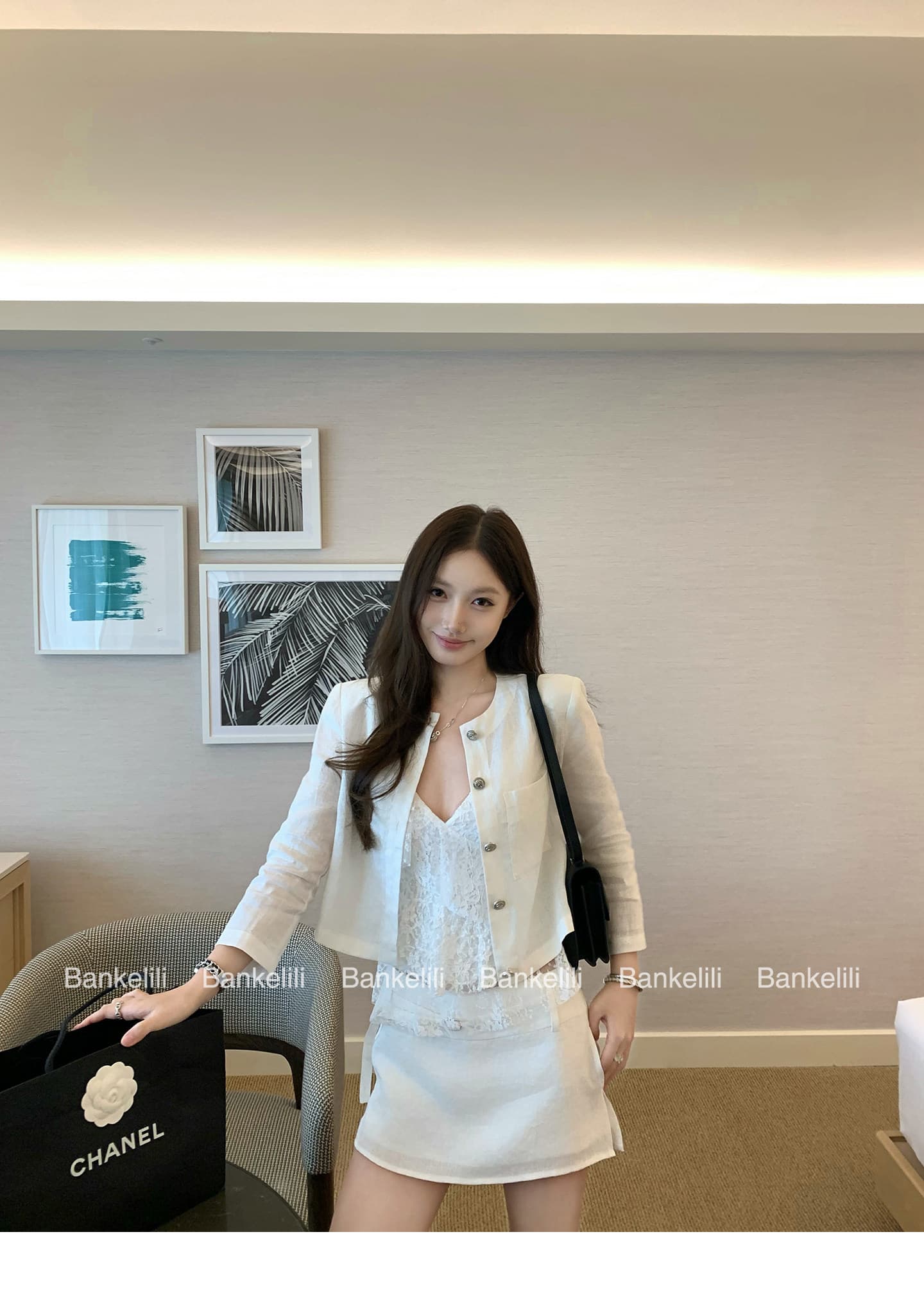 밤나무 코코아 bankelili 필리핀 린 휴일 아마 7부 소매 라운드 넥 재킷 반 스커트 세트 여성 상세 이미지 6