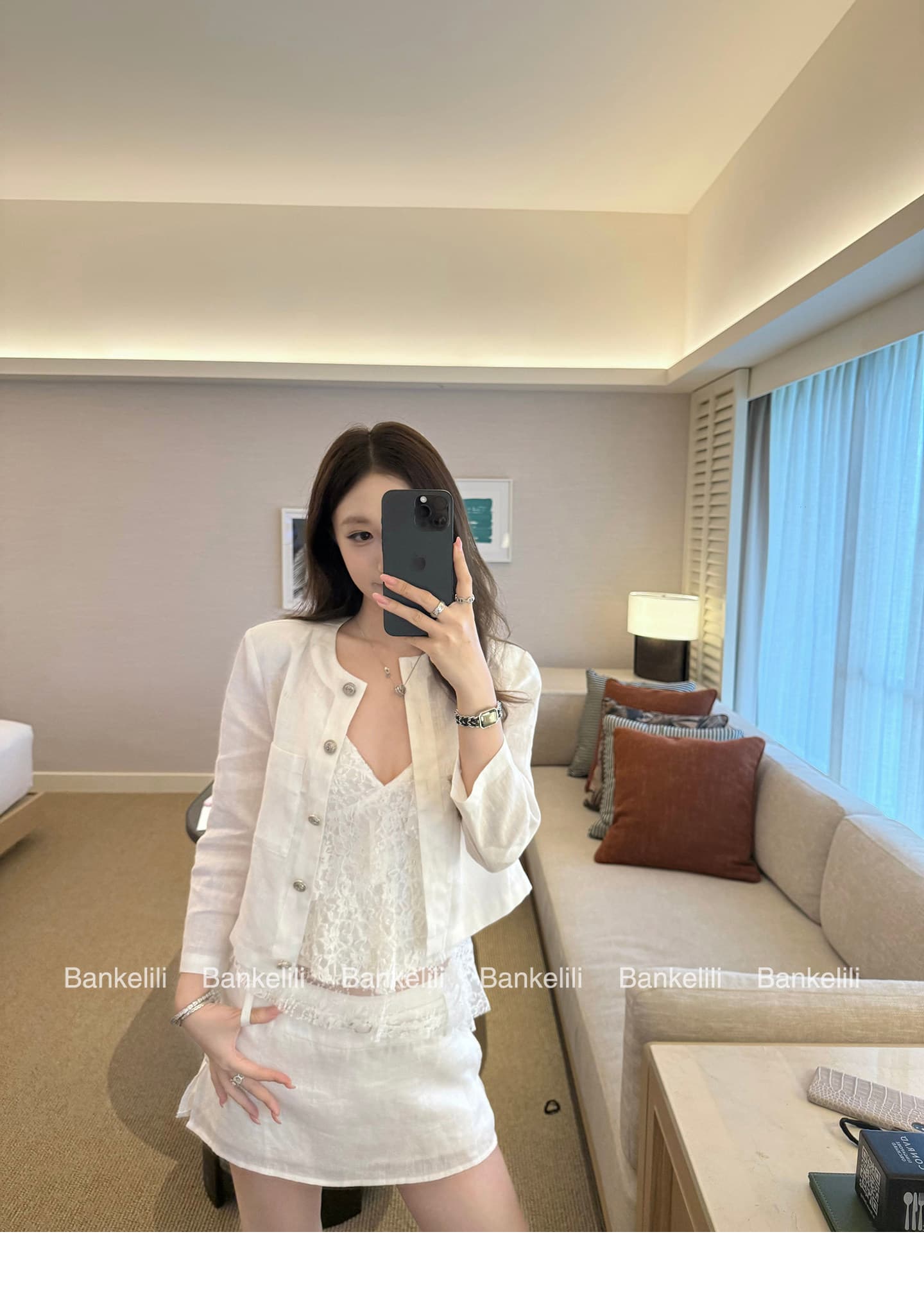 밤나무 코코아 bankelili 필리핀 린 휴일 아마 7부 소매 라운드 넥 재킷 반 스커트 세트 여성 상세 이미지 7