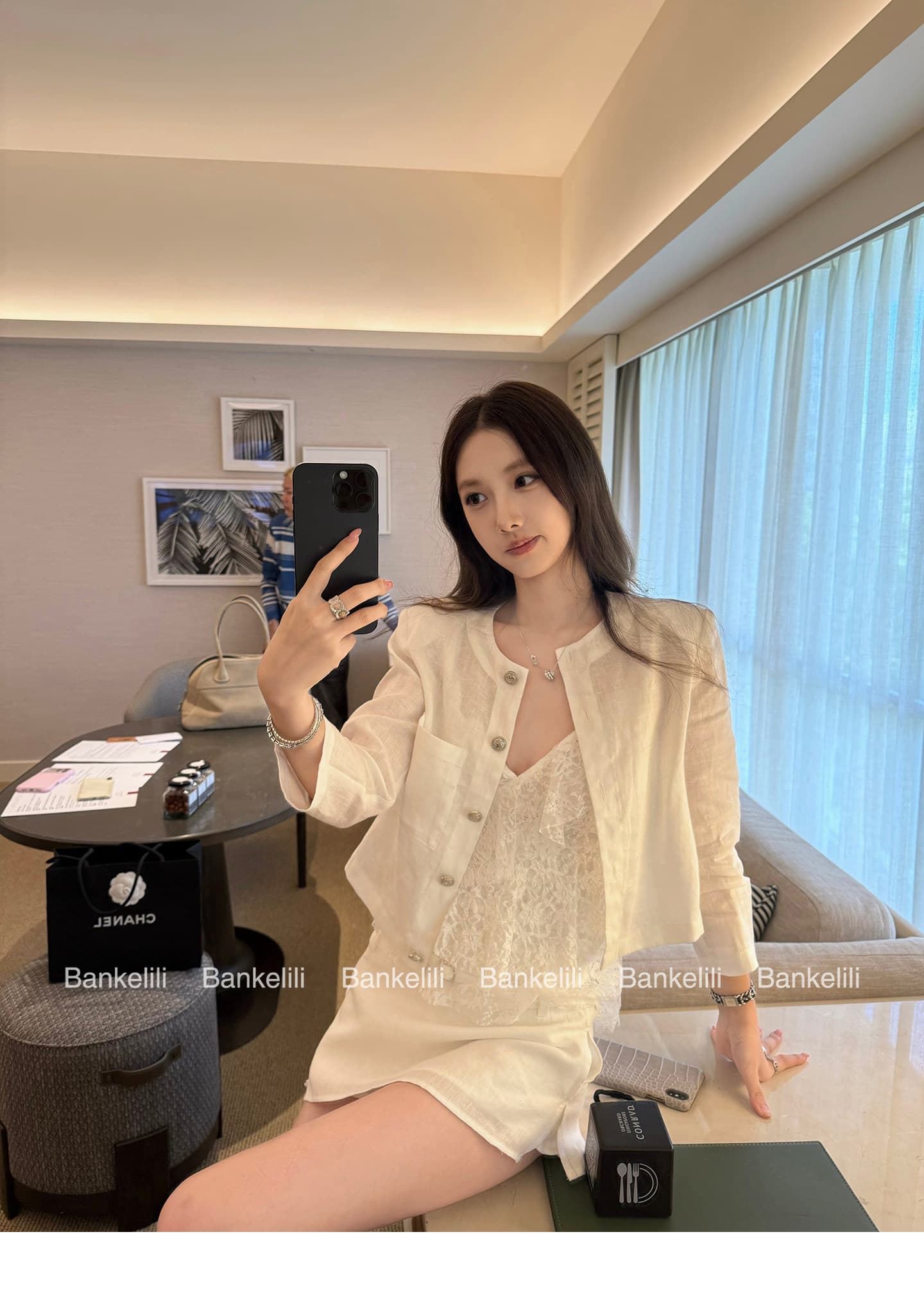 밤나무 코코아 bankelili 필리핀 린 휴일 아마 7부 소매 라운드 넥 재킷 반 스커트 세트 여성 상세 이미지 9
