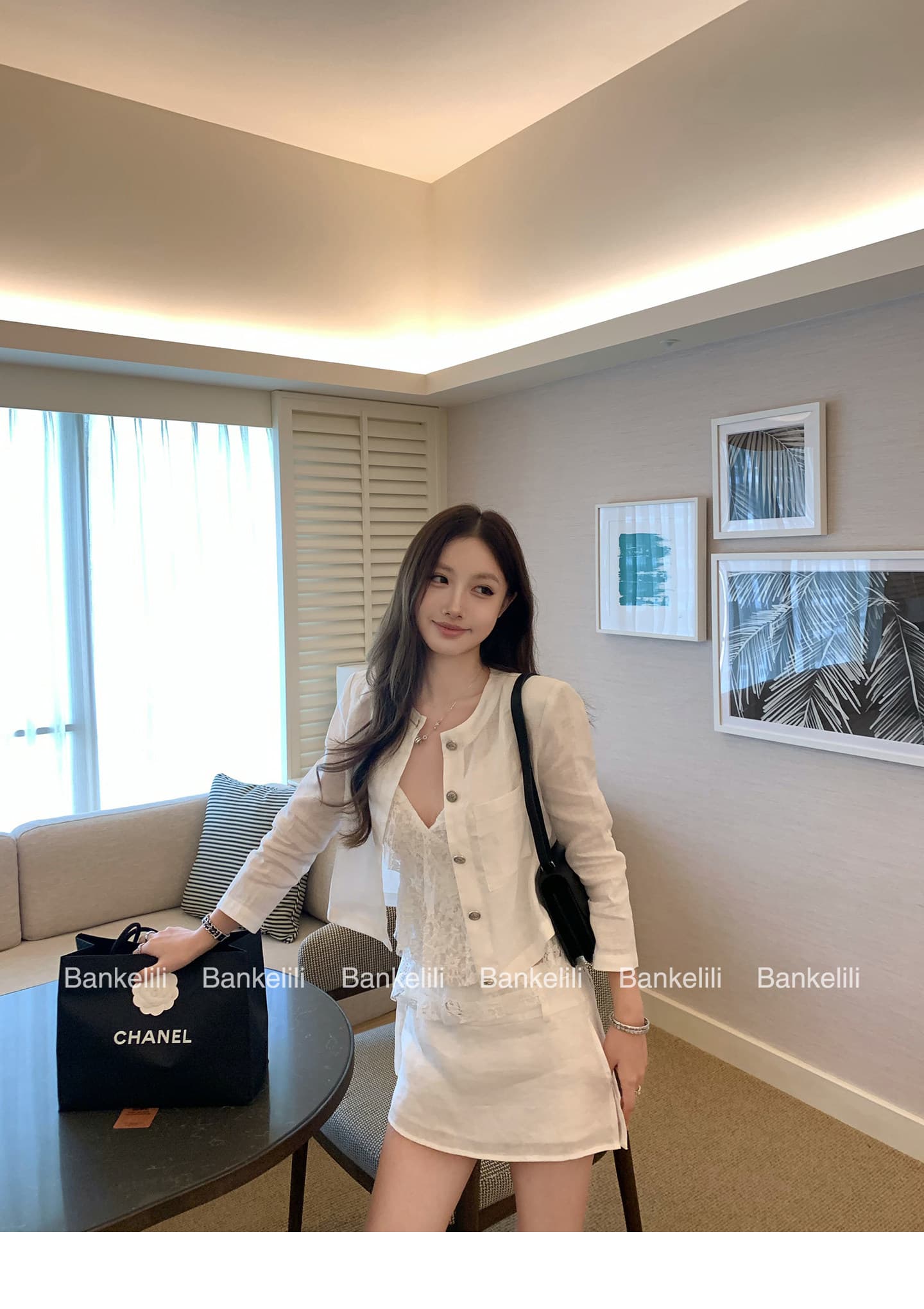 밤나무 코코아 bankelili 필리핀 린 휴일 아마 7부 소매 라운드 넥 재킷 반 스커트 세트 여성 상세 이미지 14