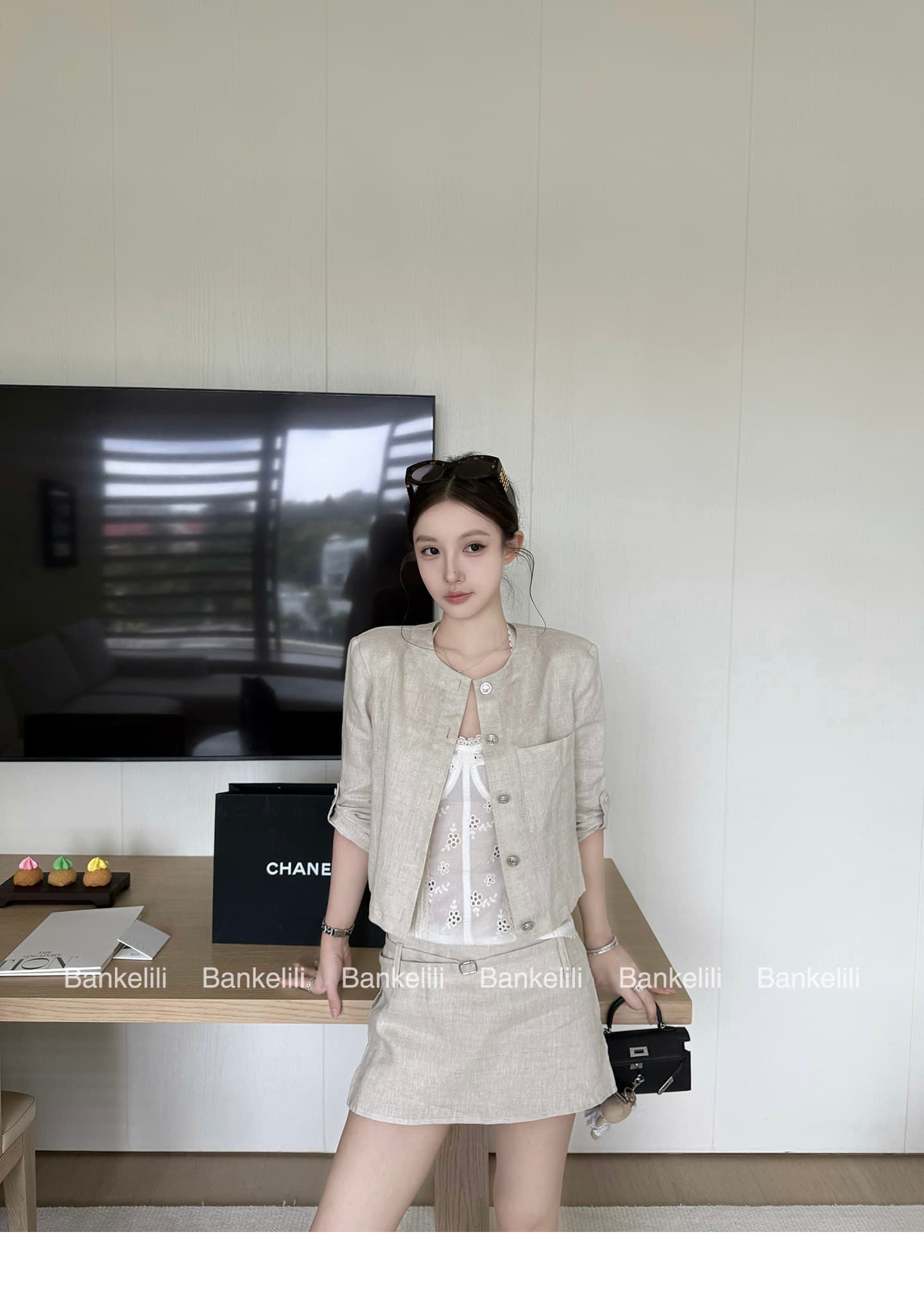 밤나무 코코아 bankelili 필리핀 린 휴일 아마 7부 소매 라운드 넥 재킷 반 스커트 세트 여성 상세 이미지 19
