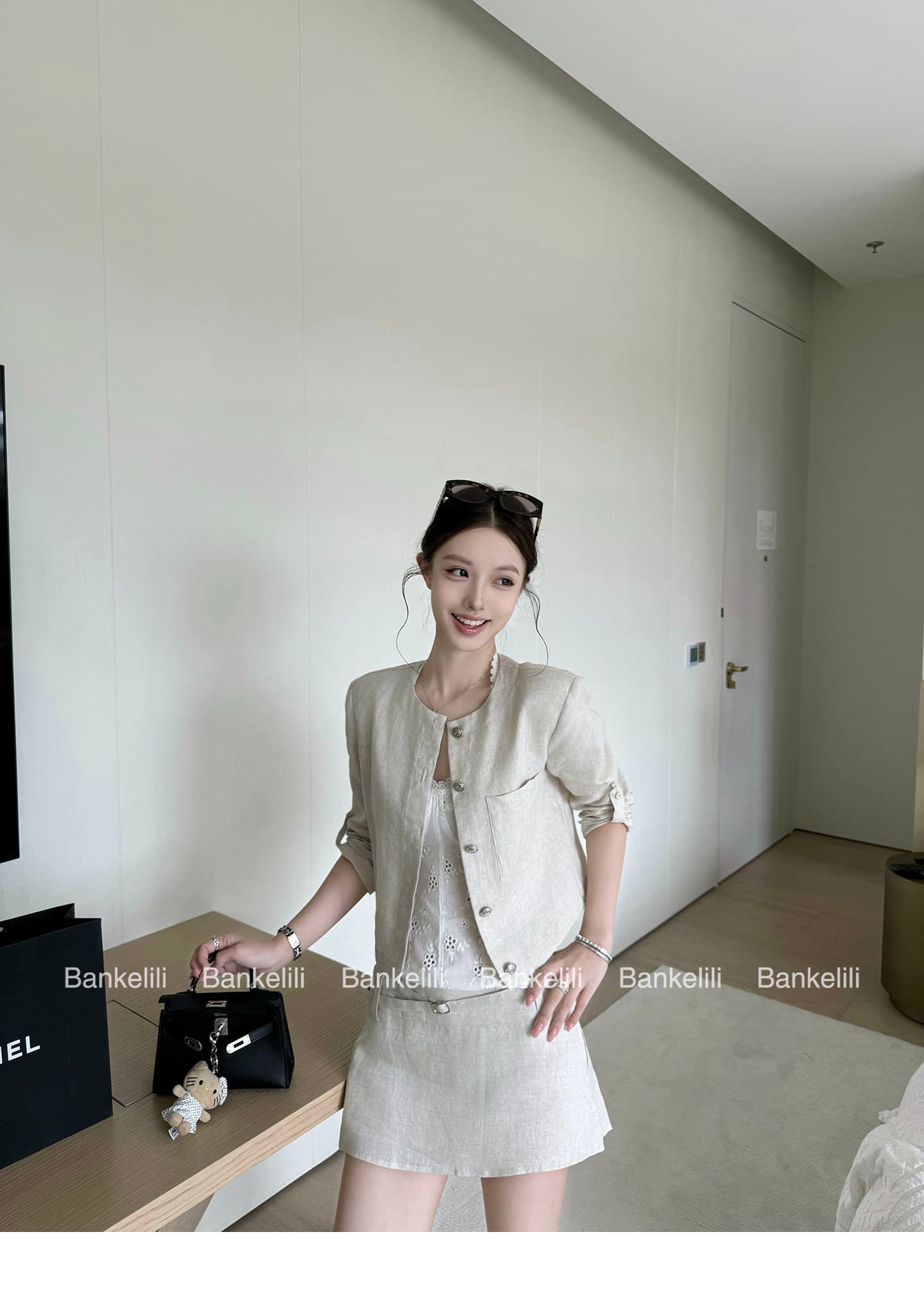 밤나무 코코아 bankelili 필리핀 린 휴일 아마 7부 소매 라운드 넥 재킷 반 스커트 세트 여성 상세 이미지 20