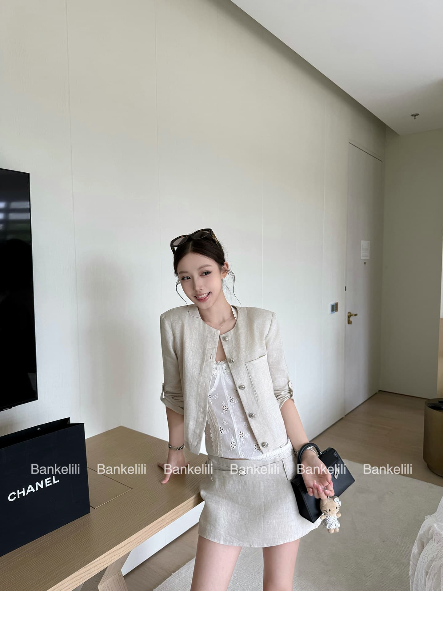 밤나무 코코아 bankelili 필리핀 린 휴일 아마 7부 소매 라운드 넥 재킷 반 스커트 세트 여성 상세 이미지 21
