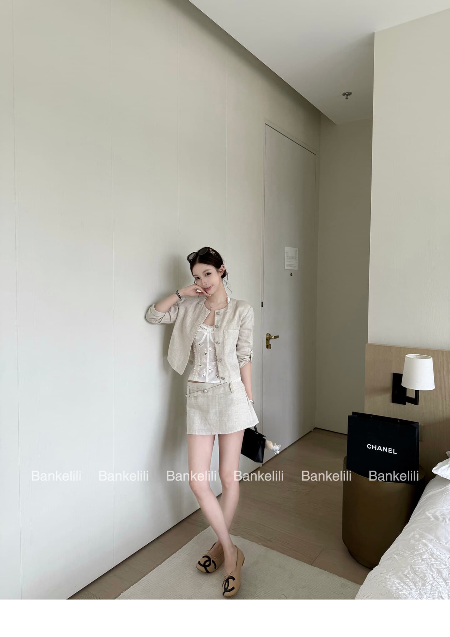 밤나무 코코아 bankelili 필리핀 린 휴일 아마 7부 소매 라운드 넥 재킷 반 스커트 세트 여성 상세 이미지 22
