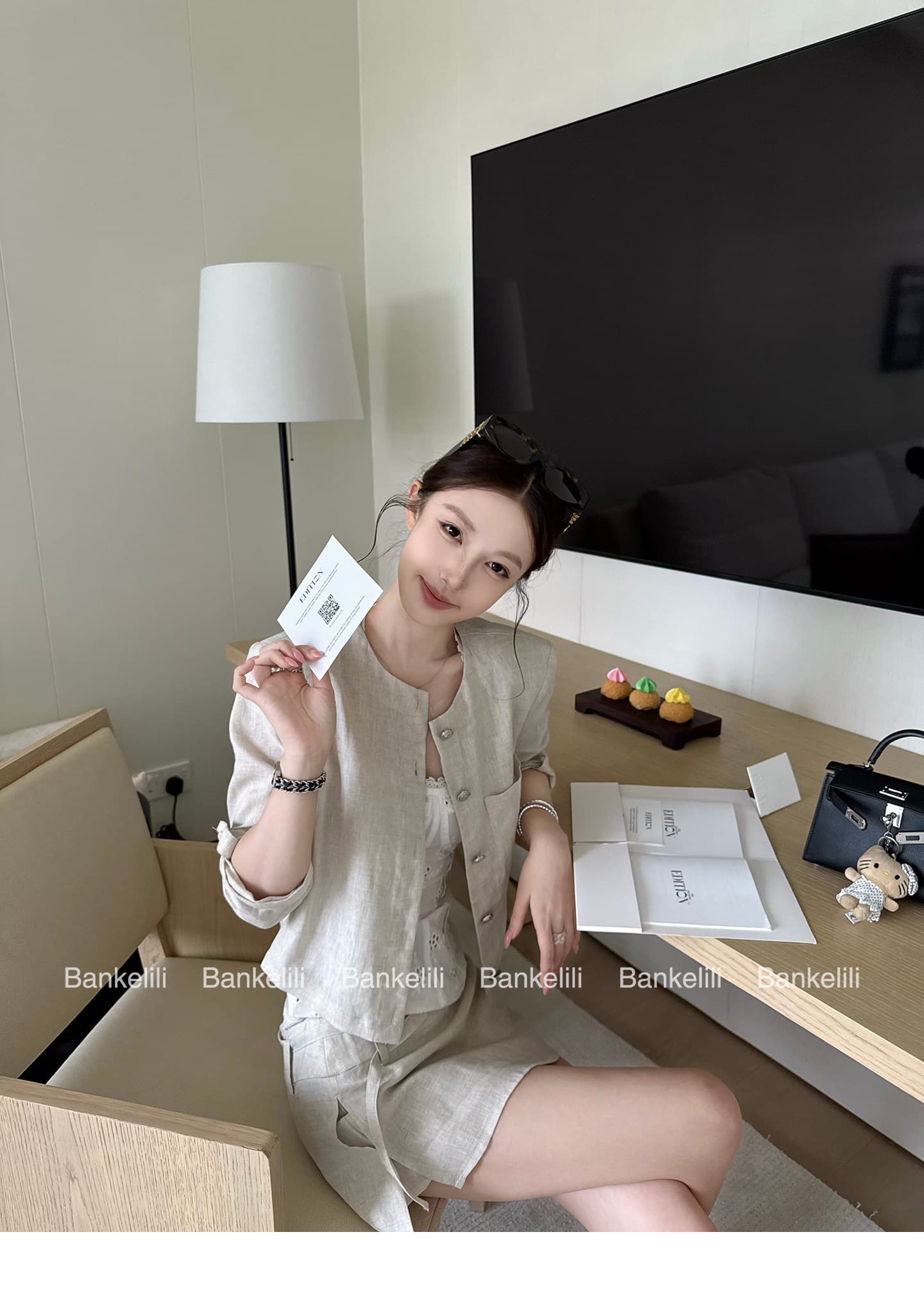 밤나무 코코아 bankelili 필리핀 린 휴일 아마 7부 소매 라운드 넥 재킷 반 스커트 세트 여성 상세 이미지 24