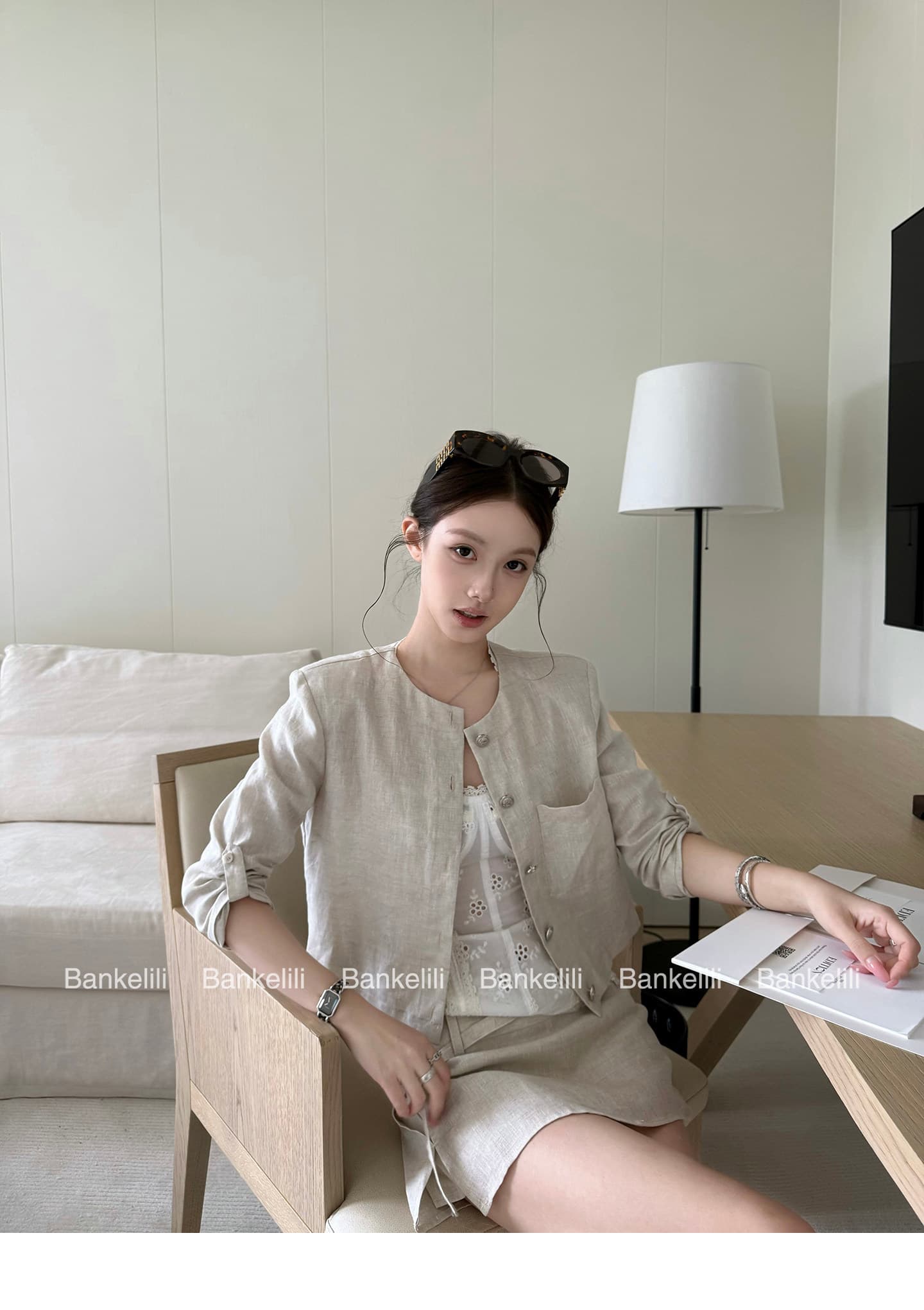 밤나무 코코아 bankelili 필리핀 린 휴일 아마 7부 소매 라운드 넥 재킷 반 스커트 세트 여성 상세 이미지 25