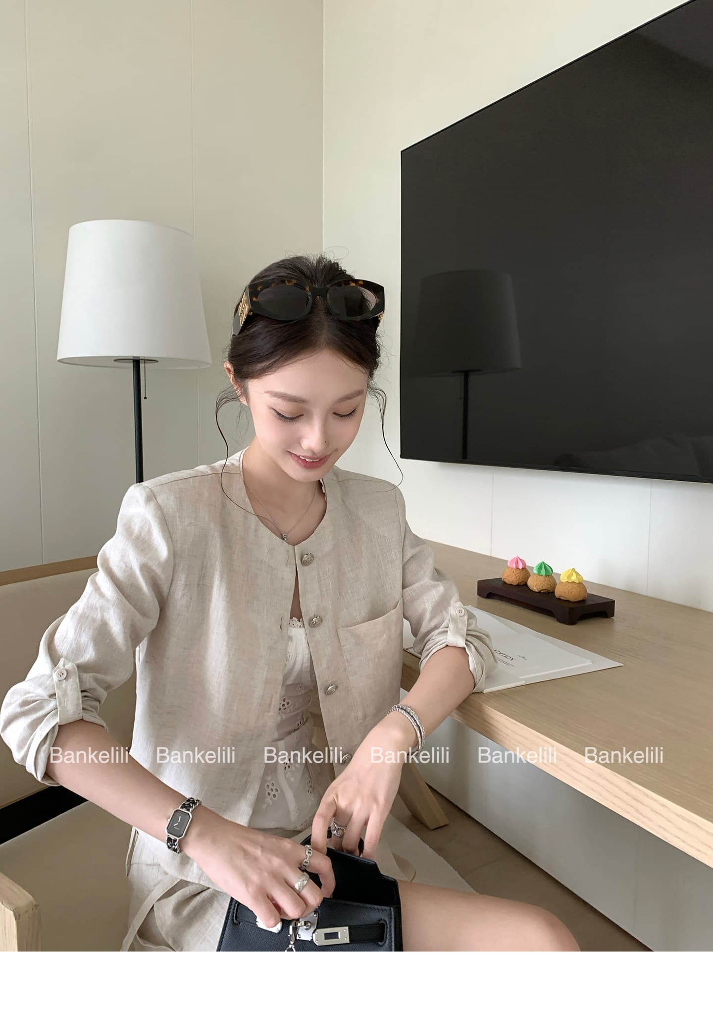 밤나무 코코아 bankelili 필리핀 린 휴일 아마 7부 소매 라운드 넥 재킷 반 스커트 세트 여성 상세 이미지 26