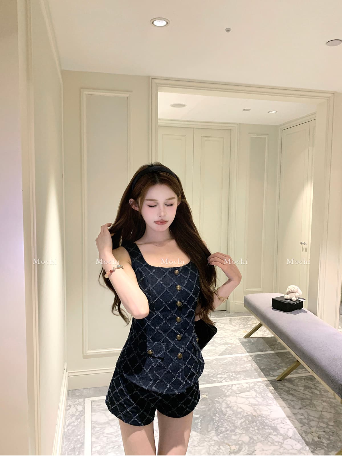 마 지 mochi 셋째 블록 여름 아름다운 민소매 링 체크무늬 조끼 반바지 세트 여성 투피스 세트 상세 이미지 9