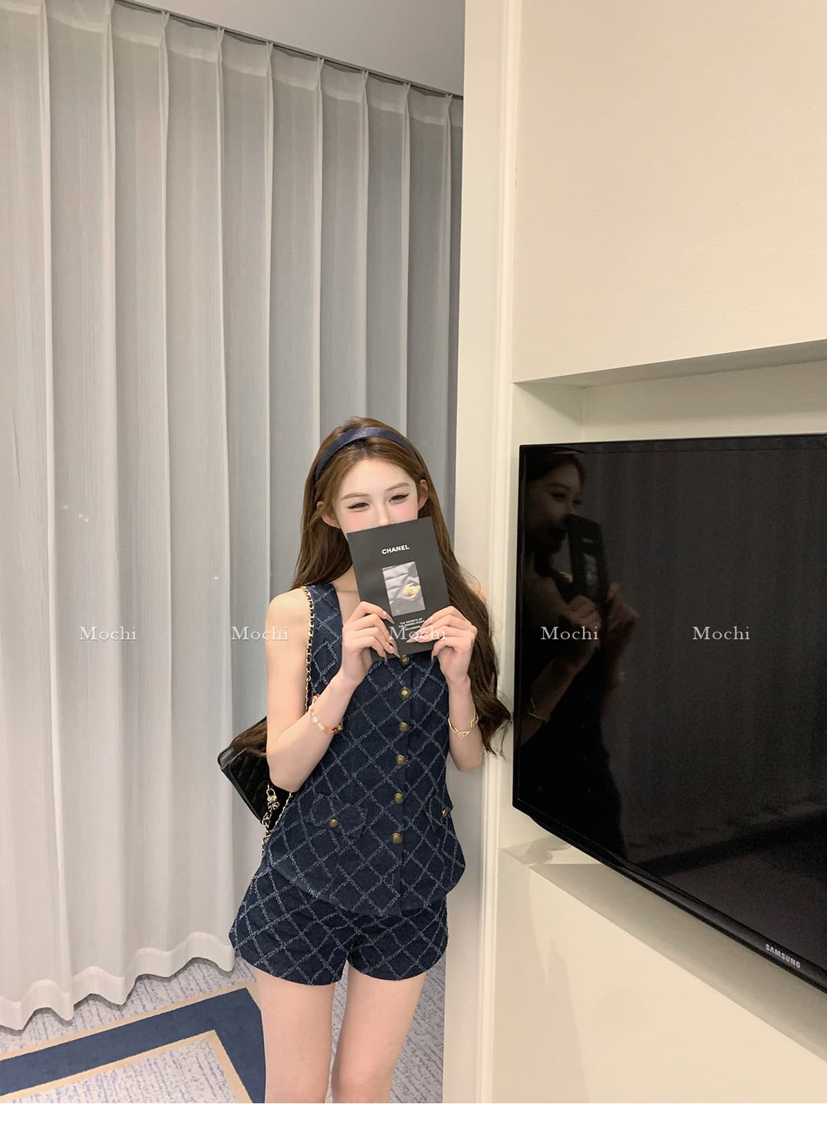 마 지 mochi 셋째 블록 여름 아름다운 민소매 링 체크무늬 조끼 반바지 세트 여성 투피스 세트 상세 이미지 11
