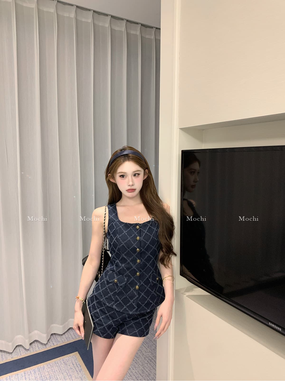 마 지 mochi 셋째 블록 여름 아름다운 민소매 링 체크무늬 조끼 반바지 세트 여성 투피스 세트 상세 이미지 14
