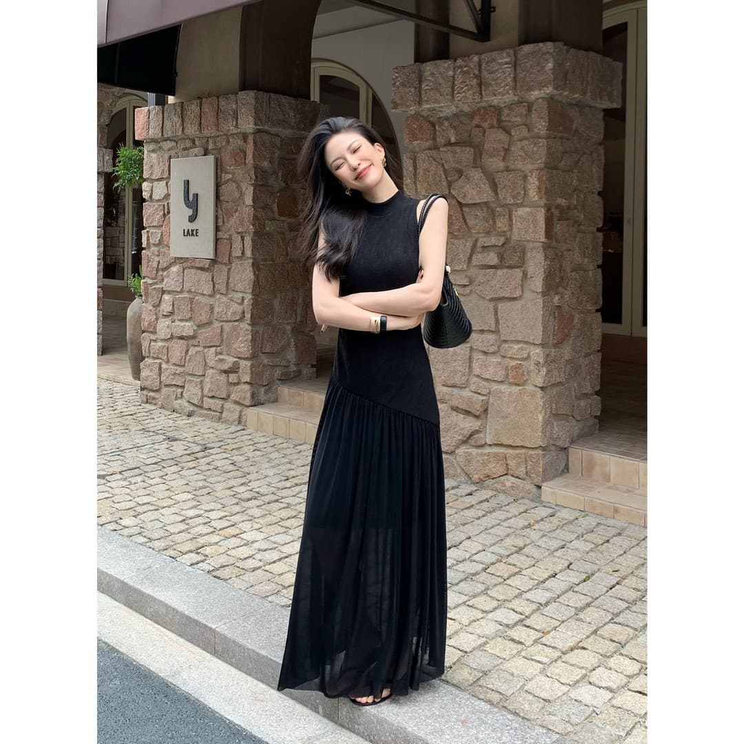 키 큰 남자 확장 버전 이른 봄 레트로 라운드 넥 니트 드레스 허리 수축 슬림해 보이는 패치워크 망사 a 단어 길이 치마 이미지 6