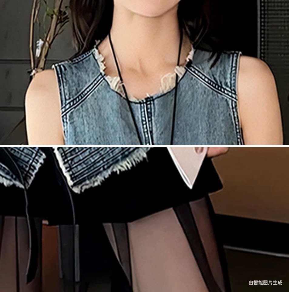 레트로 데님 바람 민소매 조끼 불규칙 맨위 여성 여름 디자인 센스 거친 가장자리 망사 치마 슬림해 보이는 다용도 세트 상세 이미지 6