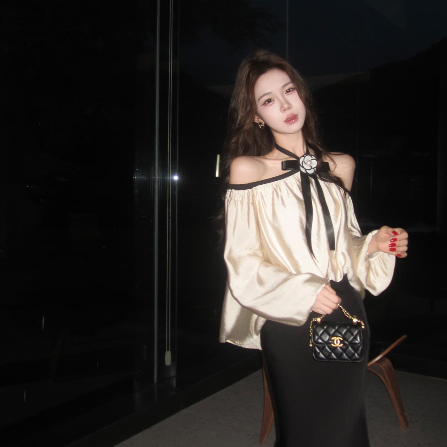 무쯔리 목자이 ~ 중 리 빛 럭셔리 명문 여성 바람 오프숄더 행침 목 나비 매듭 긴팔 맨위 새틴 인어 꼬리 반신 스커트 세트 이미지 3