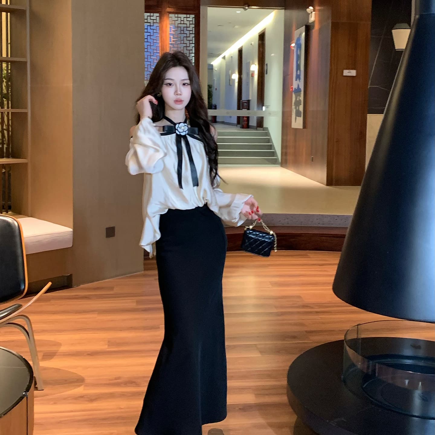 무쯔리 목자이 ~ 중 리 빛 럭셔리 명문 여성 바람 오프숄더 행침 목 나비 매듭 긴팔 맨위 새틴 인어 꼬리 반신 스커트 세트 이미지 2