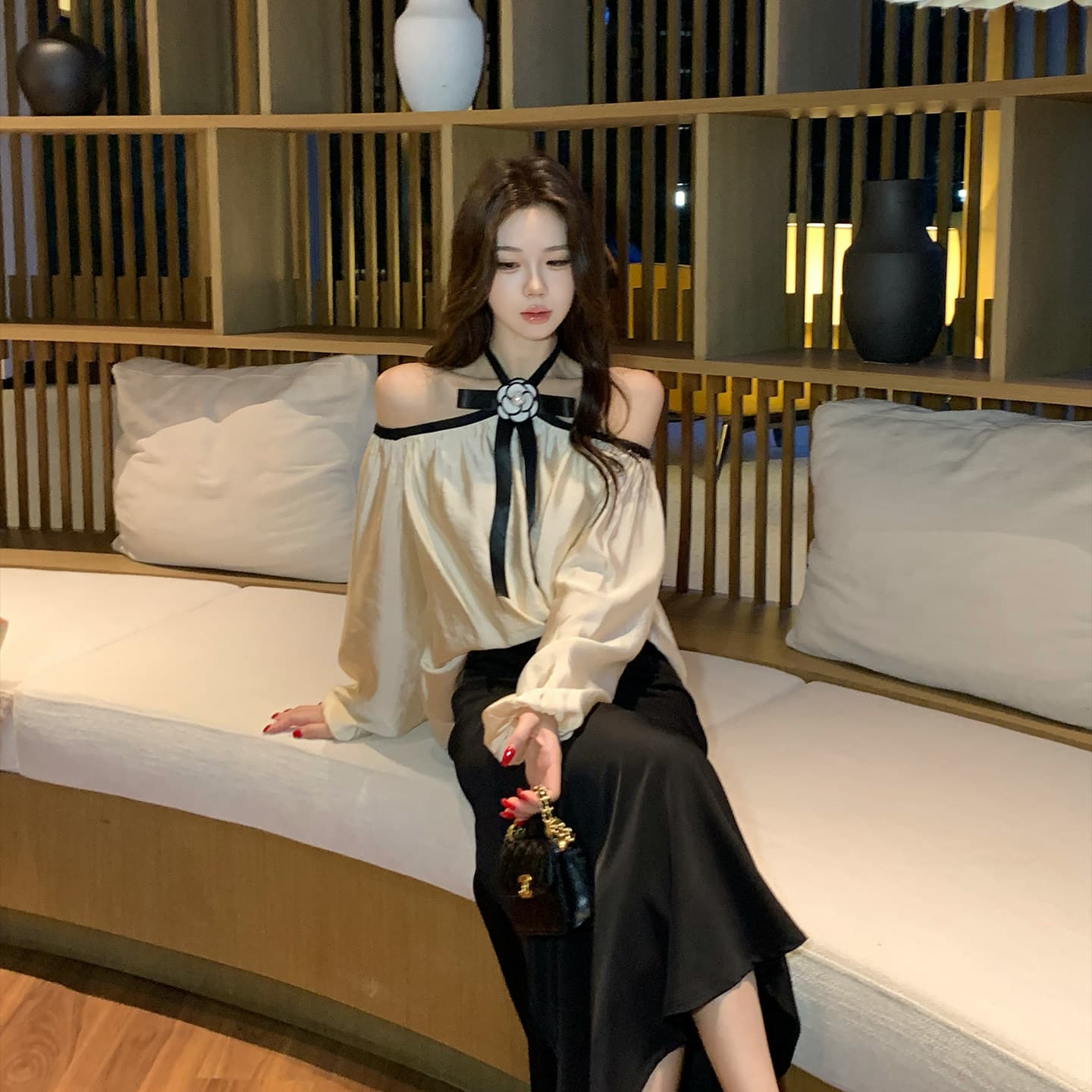 무쯔리 목자이 ~ 중 리 빛 럭셔리 명문 여성 바람 오프숄더 행침 목 나비 매듭 긴팔 맨위 새틴 인어 꼬리 반신 스커트 세트 이미지 5