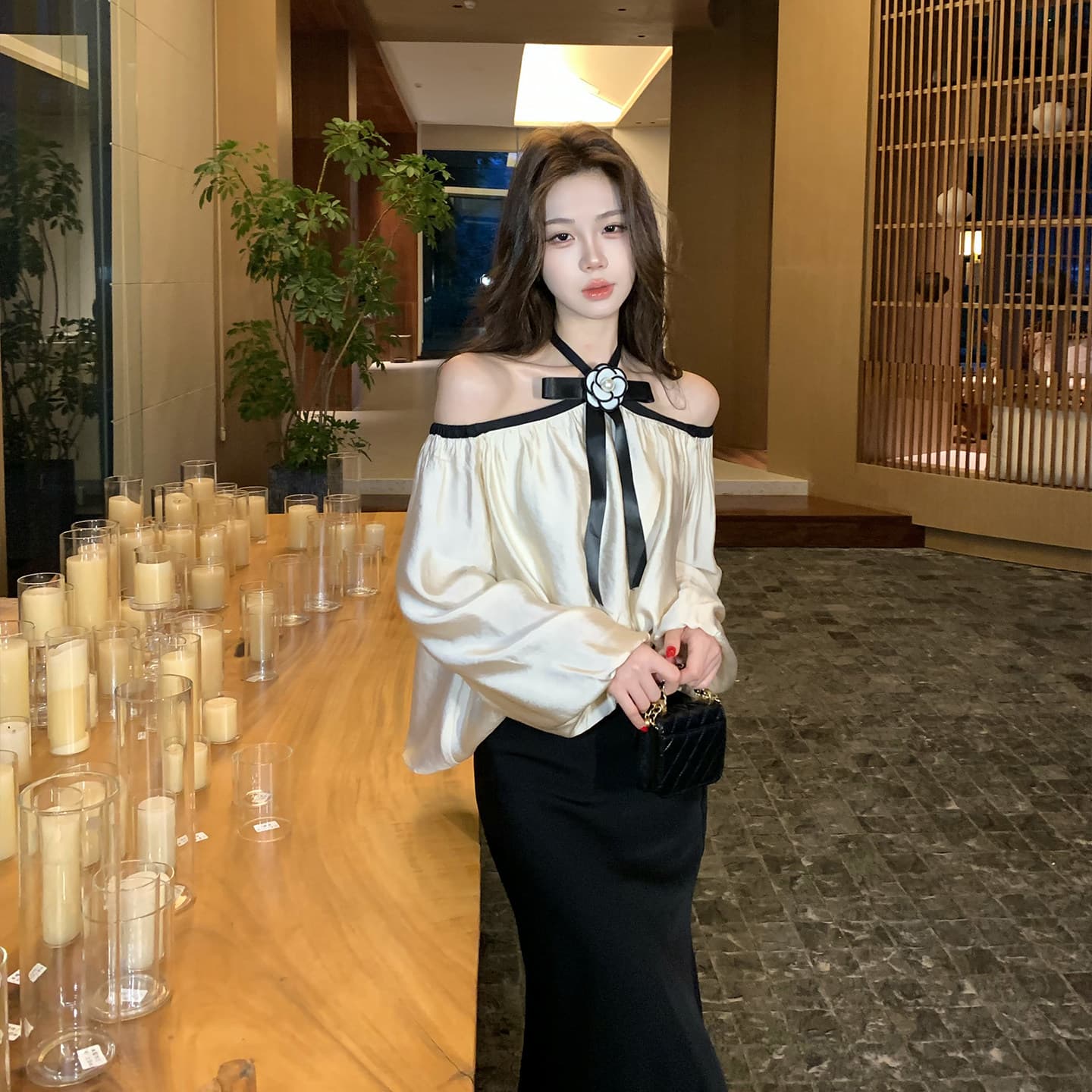 무쯔리 목자이 ~ 중 리 빛 럭셔리 명문 여성 바람 오프숄더 행침 목 나비 매듭 긴팔 맨위 새틴 인어 꼬리 반신 스커트 세트 이미지 6