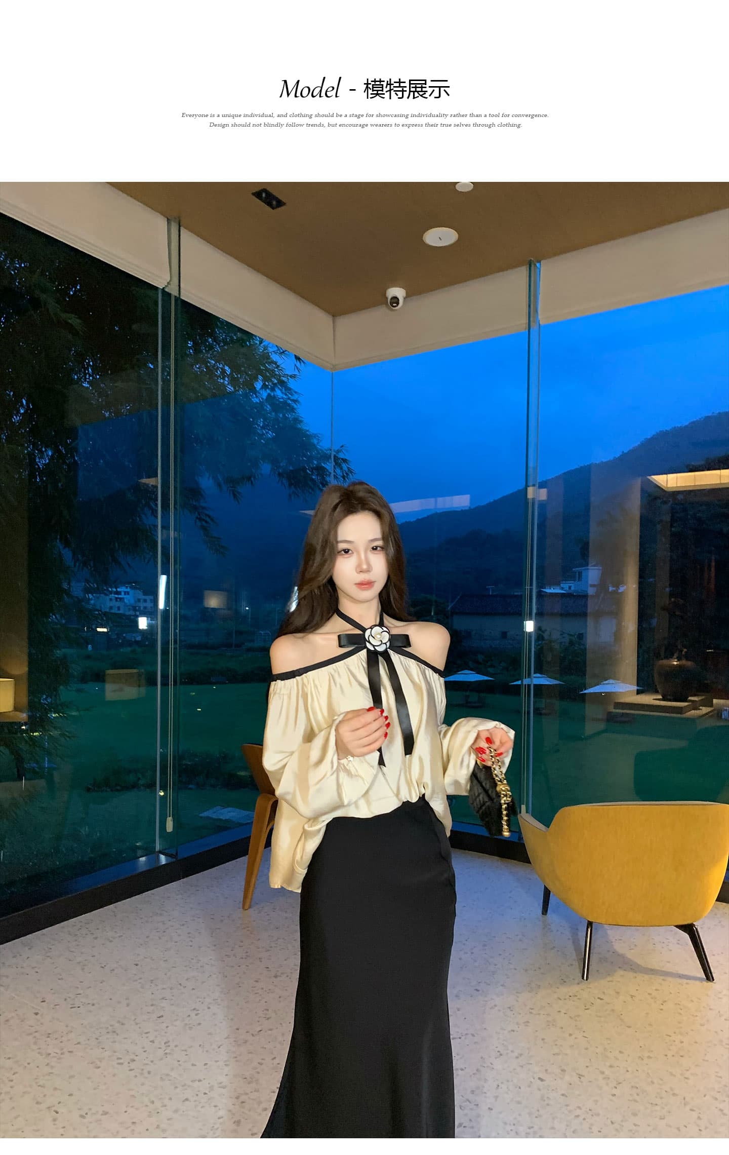 무쯔리 목자이 ~ 중 리 빛 럭셔리 명문 여성 바람 오프숄더 행침 목 나비 매듭 긴팔 맨위 새틴 인어 꼬리 반신 스커트 세트 상세 이미지 3