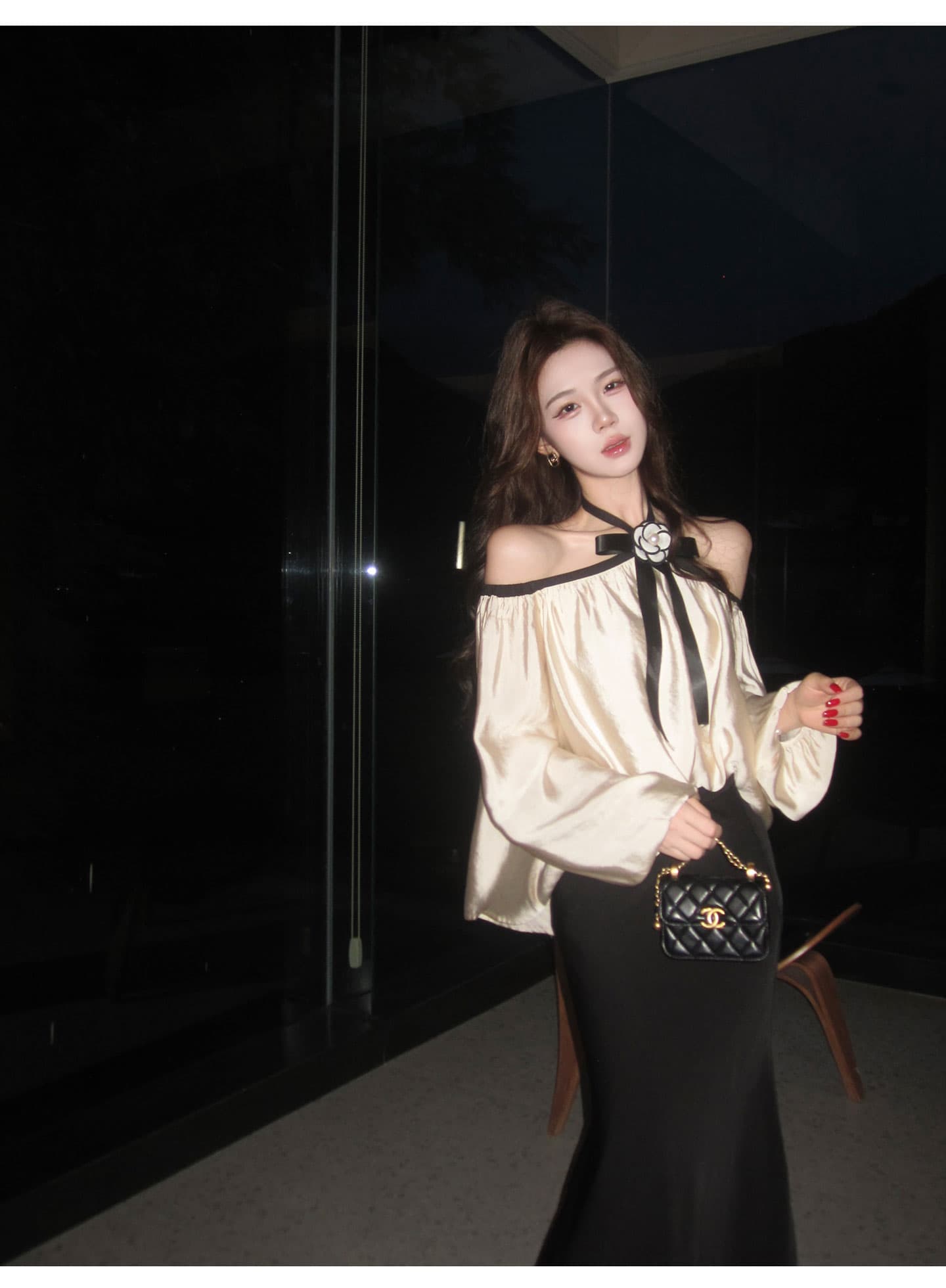 무쯔리 목자이 ~ 중 리 빛 럭셔리 명문 여성 바람 오프숄더 행침 목 나비 매듭 긴팔 맨위 새틴 인어 꼬리 반신 스커트 세트 상세 이미지 4