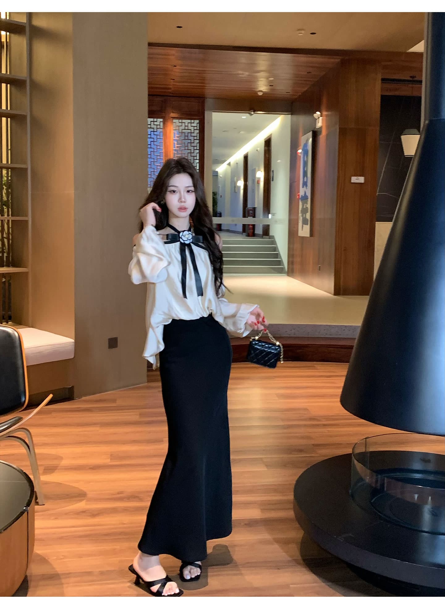 무쯔리 목자이 ~ 중 리 빛 럭셔리 명문 여성 바람 오프숄더 행침 목 나비 매듭 긴팔 맨위 새틴 인어 꼬리 반신 스커트 세트 상세 이미지 5
