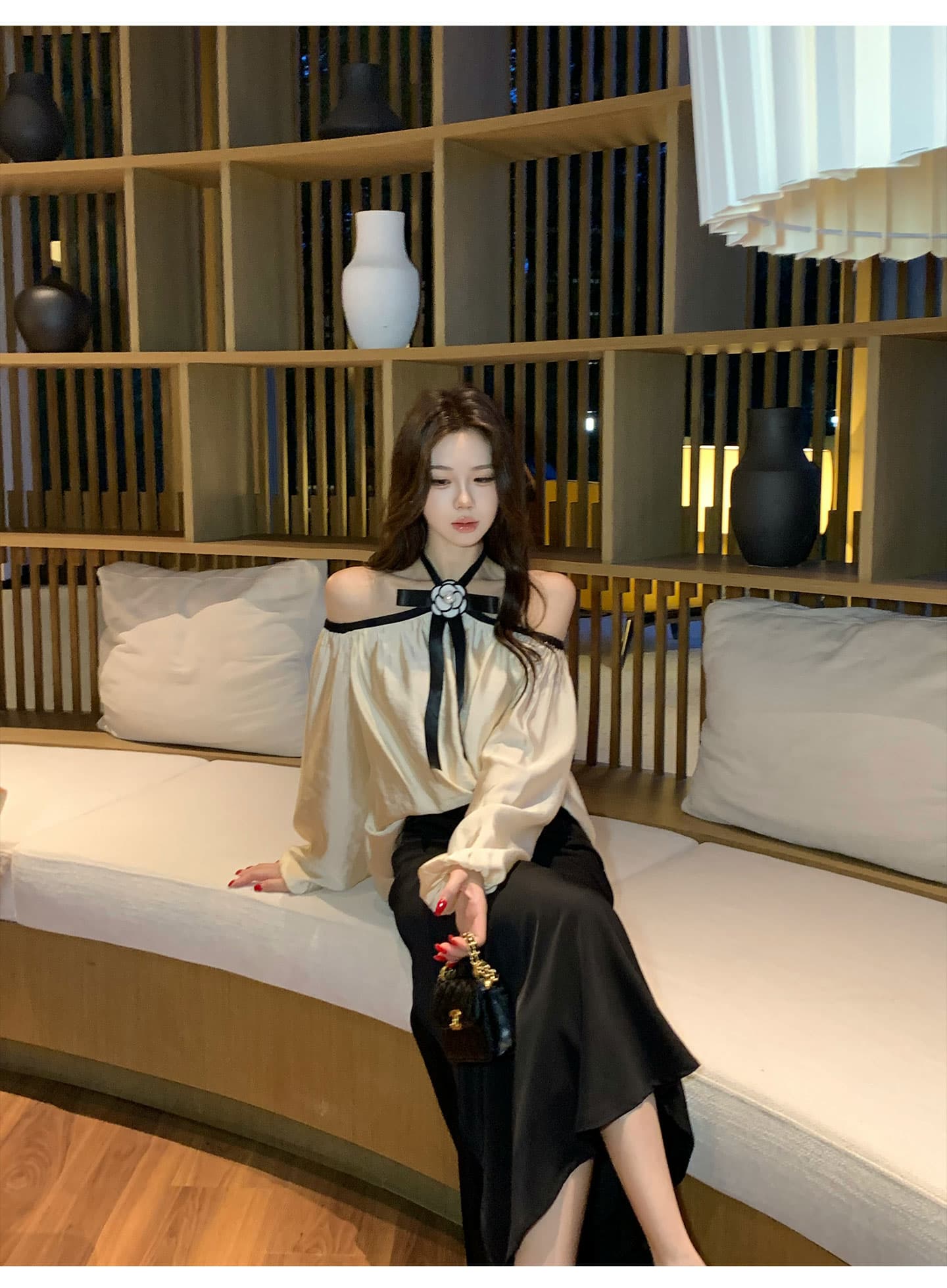 무쯔리 목자이 ~ 중 리 빛 럭셔리 명문 여성 바람 오프숄더 행침 목 나비 매듭 긴팔 맨위 새틴 인어 꼬리 반신 스커트 세트 상세 이미지 6