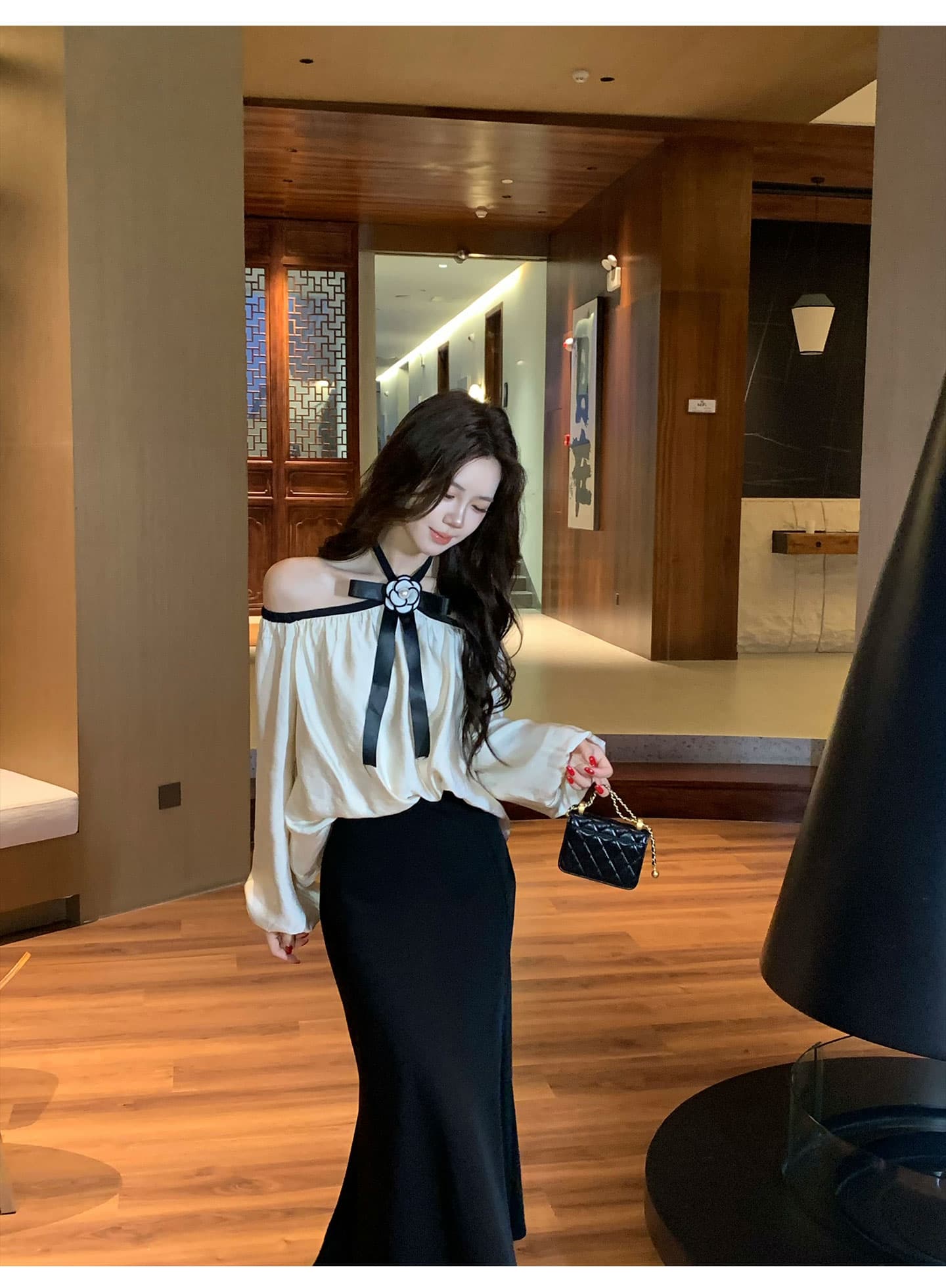 무쯔리 목자이 ~ 중 리 빛 럭셔리 명문 여성 바람 오프숄더 행침 목 나비 매듭 긴팔 맨위 새틴 인어 꼬리 반신 스커트 세트 상세 이미지 7