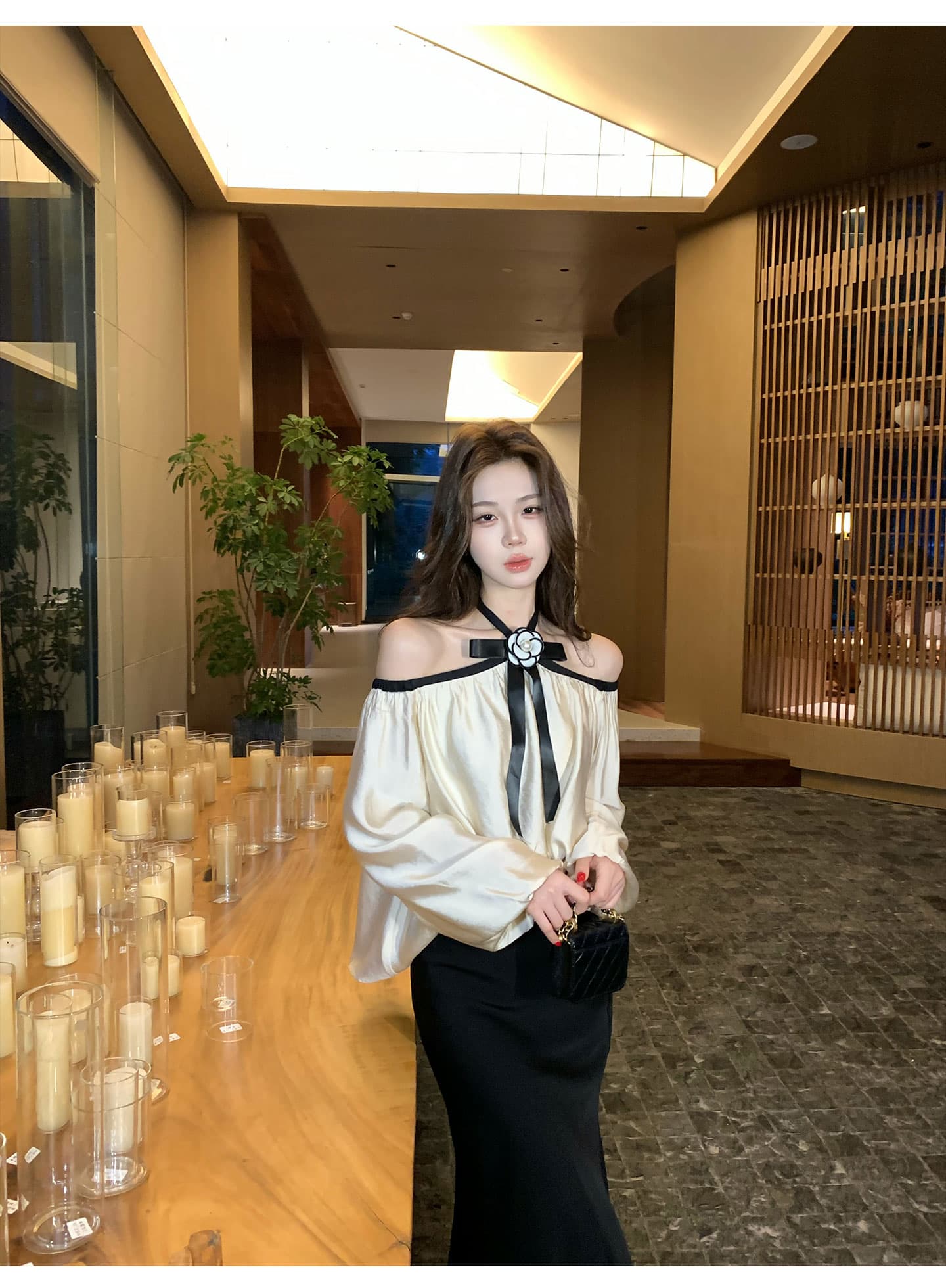 무쯔리 목자이 ~ 중 리 빛 럭셔리 명문 여성 바람 오프숄더 행침 목 나비 매듭 긴팔 맨위 새틴 인어 꼬리 반신 스커트 세트 상세 이미지 8