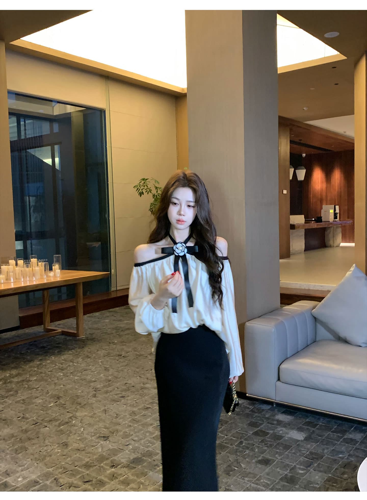 무쯔리 목자이 ~ 중 리 빛 럭셔리 명문 여성 바람 오프숄더 행침 목 나비 매듭 긴팔 맨위 새틴 인어 꼬리 반신 스커트 세트 상세 이미지 9