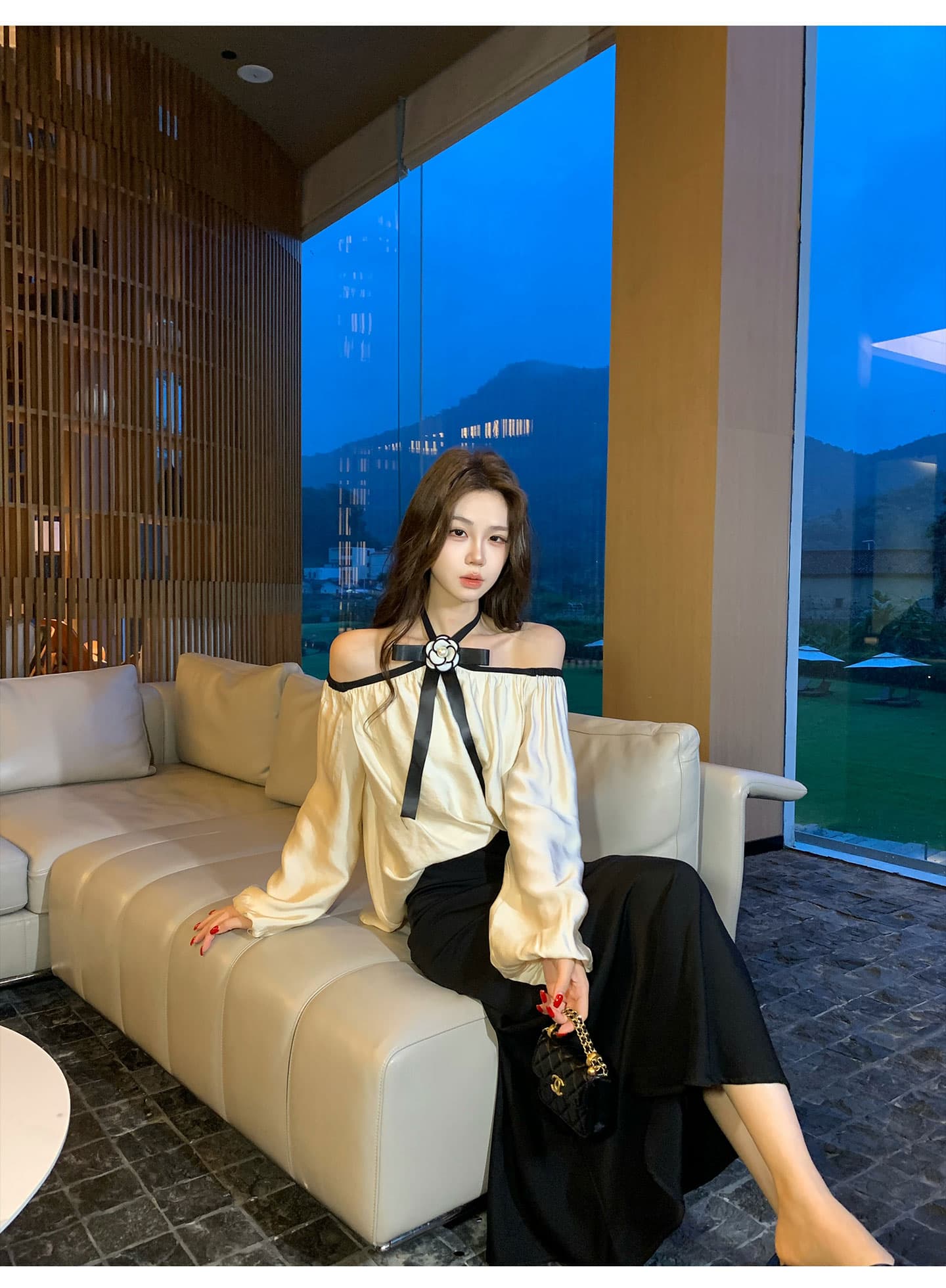 무쯔리 목자이 ~ 중 리 빛 럭셔리 명문 여성 바람 오프숄더 행침 목 나비 매듭 긴팔 맨위 새틴 인어 꼬리 반신 스커트 세트 상세 이미지 11