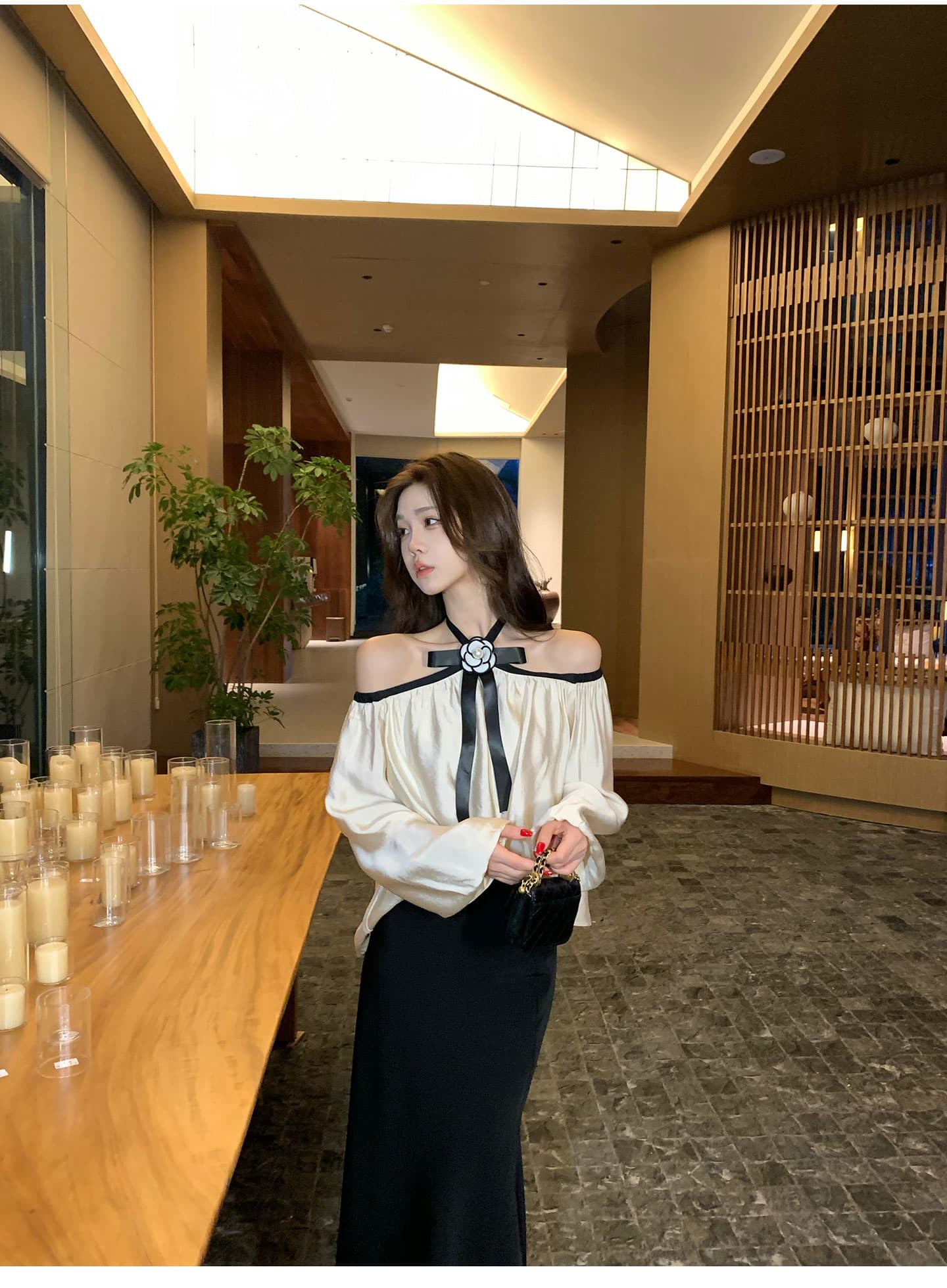 무쯔리 목자이 ~ 중 리 빛 럭셔리 명문 여성 바람 오프숄더 행침 목 나비 매듭 긴팔 맨위 새틴 인어 꼬리 반신 스커트 세트 상세 이미지 12