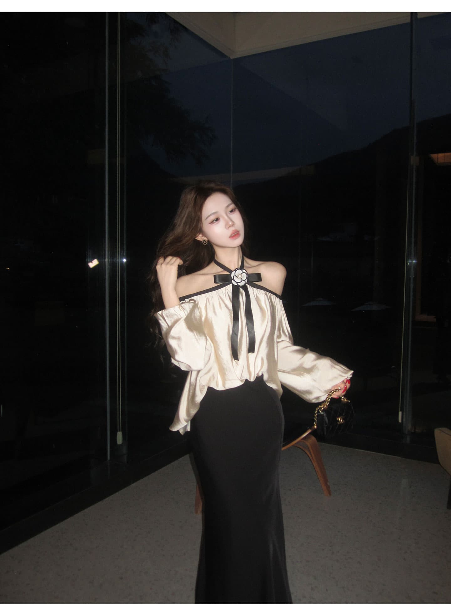 무쯔리 목자이 ~ 중 리 빛 럭셔리 명문 여성 바람 오프숄더 행침 목 나비 매듭 긴팔 맨위 새틴 인어 꼬리 반신 스커트 세트 상세 이미지 13