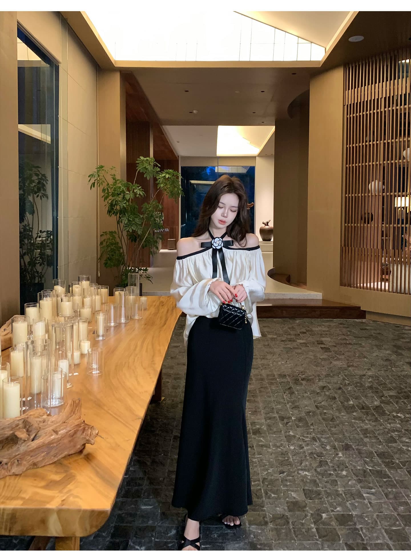 무쯔리 목자이 ~ 중 리 빛 럭셔리 명문 여성 바람 오프숄더 행침 목 나비 매듭 긴팔 맨위 새틴 인어 꼬리 반신 스커트 세트 상세 이미지 14