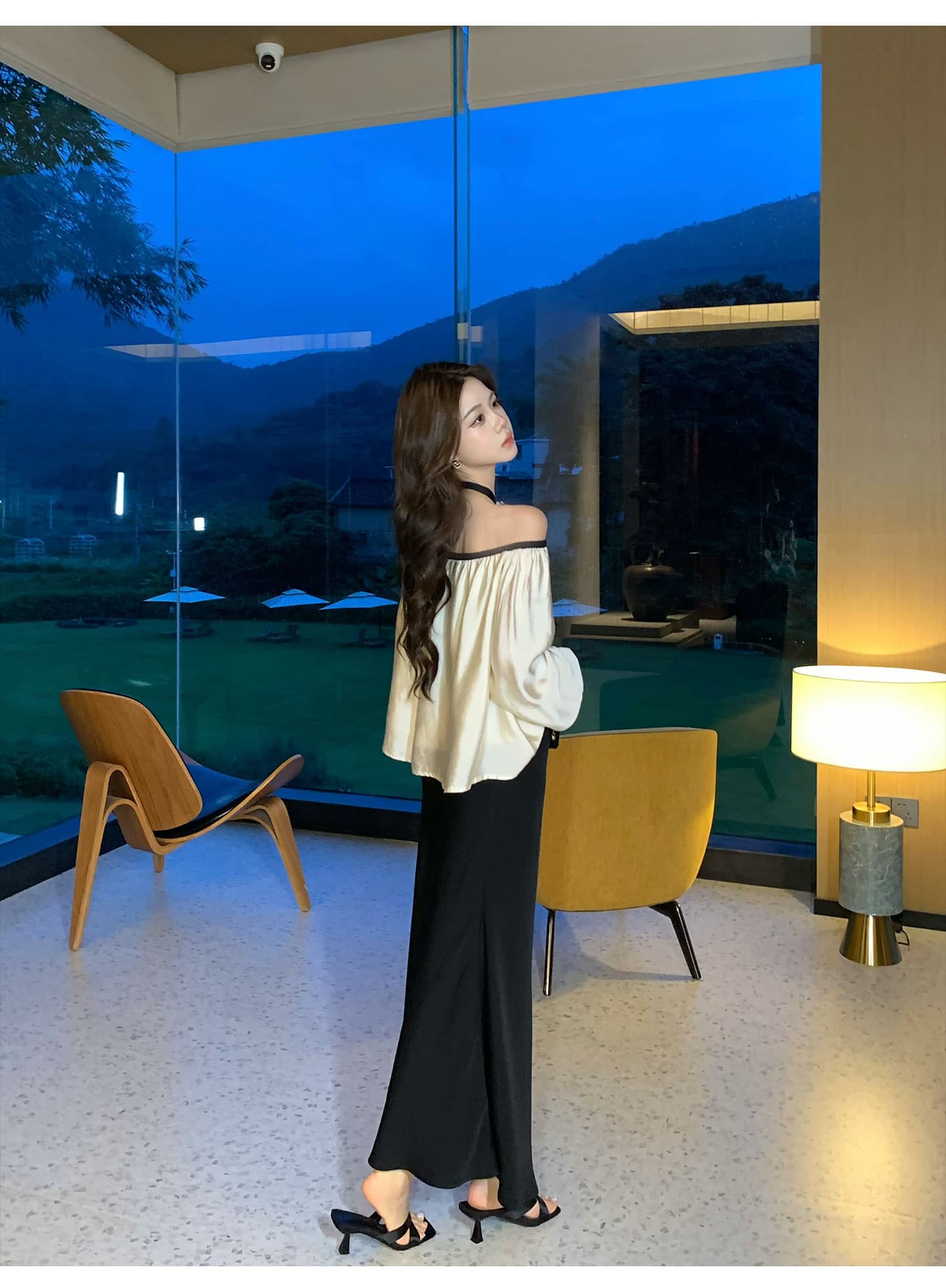 무쯔리 목자이 ~ 중 리 빛 럭셔리 명문 여성 바람 오프숄더 행침 목 나비 매듭 긴팔 맨위 새틴 인어 꼬리 반신 스커트 세트 상세 이미지 16