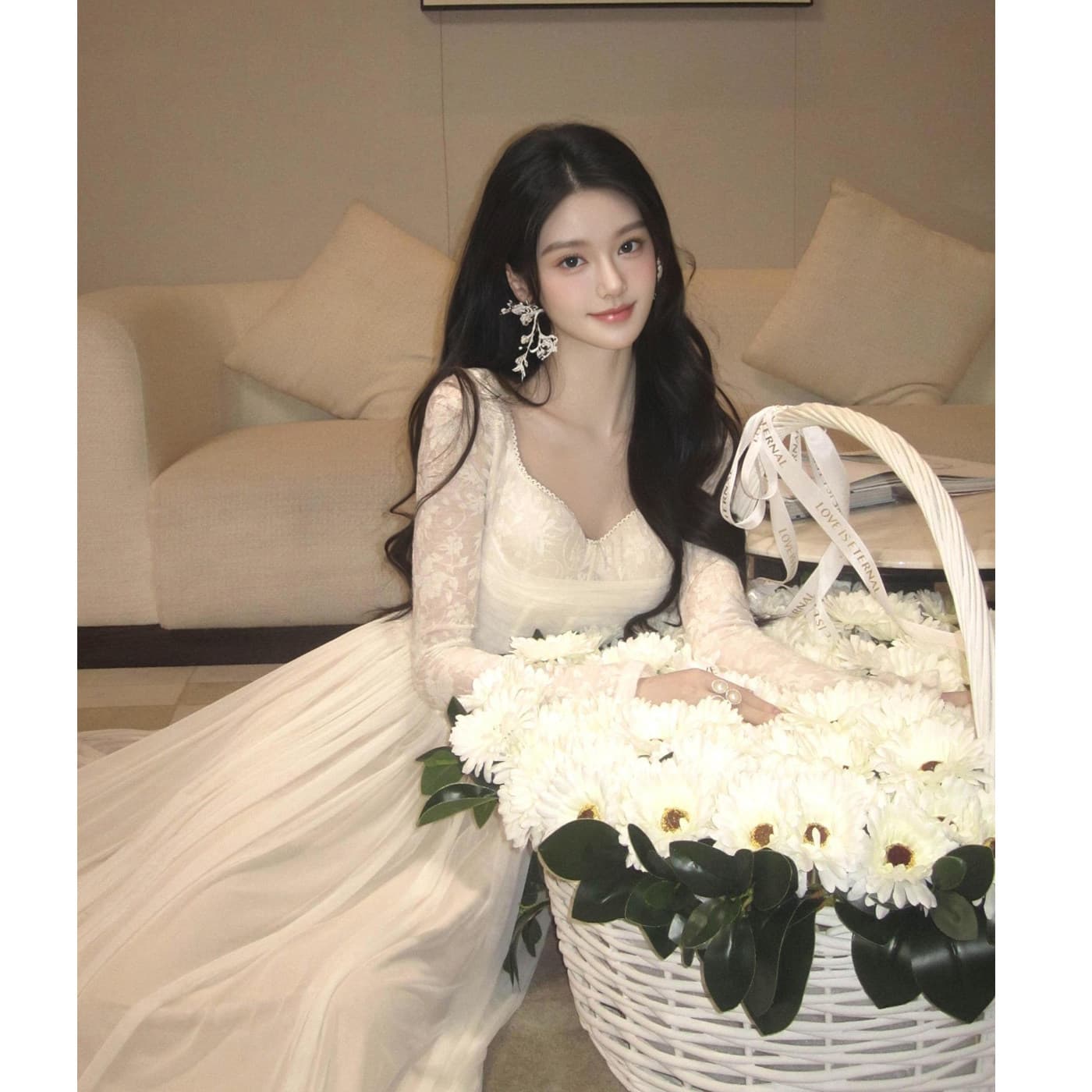 화이트 드레스 가을 2026 새로운 프랑스식 천 금빛 바람 망사 롱 스커트 무거운 작업 생선뼈 예복 생일 치마 이미지 4
