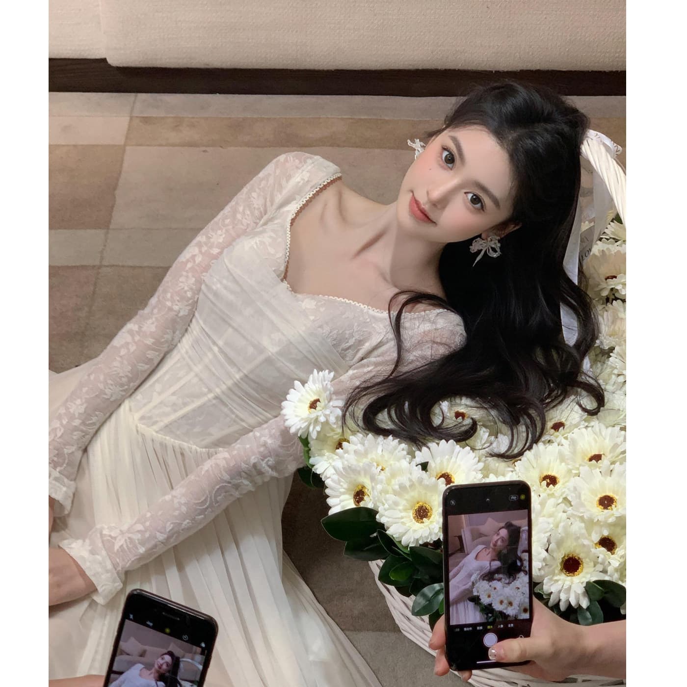 화이트 드레스 가을 2026 새로운 프랑스식 천 금빛 바람 망사 롱 스커트 무거운 작업 생선뼈 예복 생일 치마 이미지 6