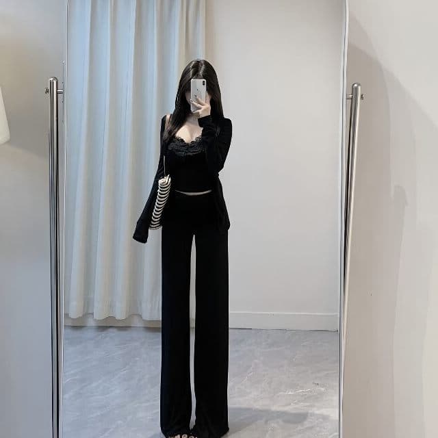 이른 가을 새로운 품격 여성 3종 세트 패션 다용도 카디건 코트 레이스 측면 슬립 루즈핏 와이드 레그 팬츠 이미지 2