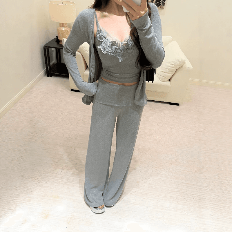 이른 가을 새로운 품격 여성 3종 세트 패션 다용도 카디건 코트 레이스 측면 슬립 루즈핏 와이드 레그 팬츠 상세 이미지 3