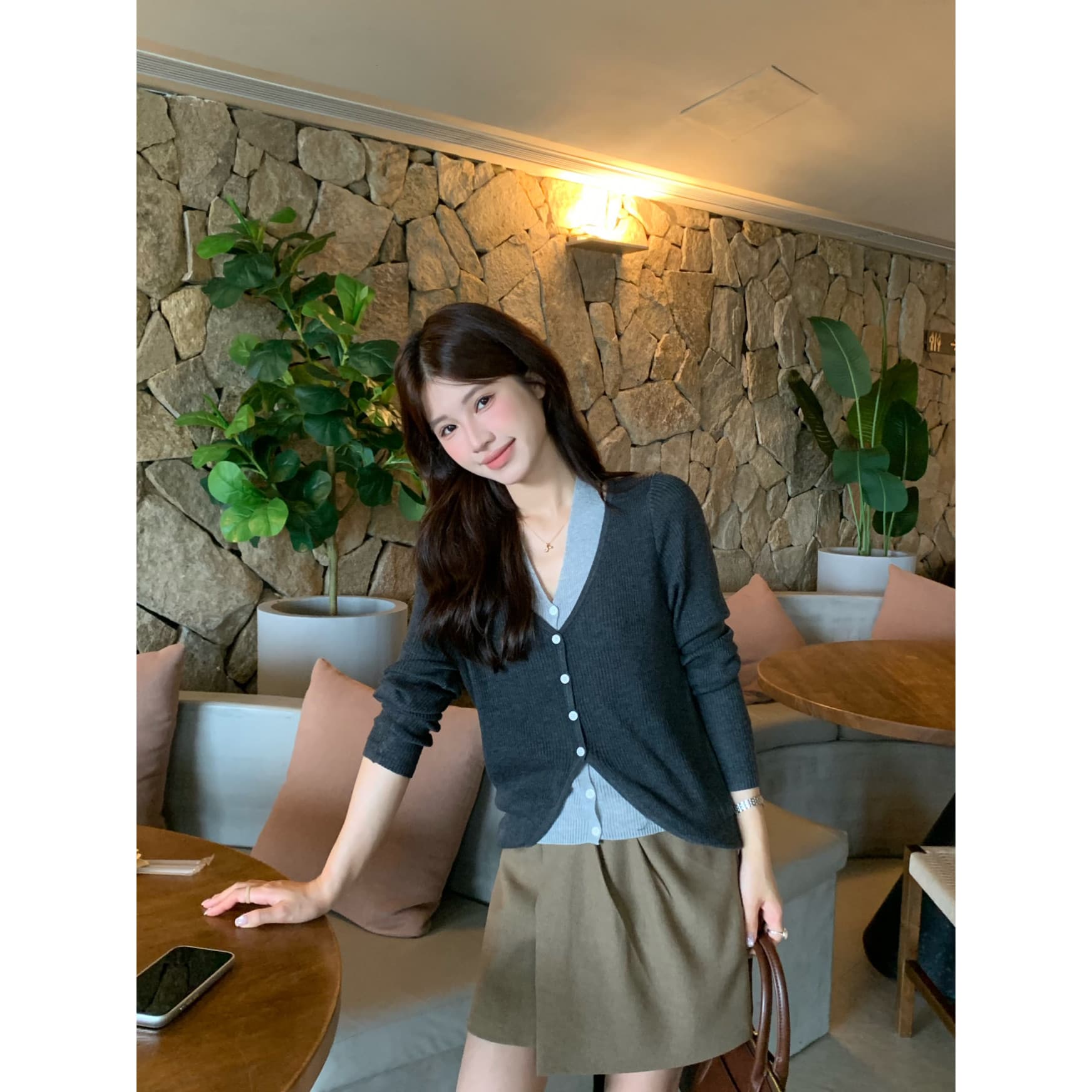 sinsa susan- 부드러운 한 조정 가을 켜기 새로운 한 부서 부드러운 페이크 레이어드 니트 오픈 가디건 si809s 상세 이미지 1