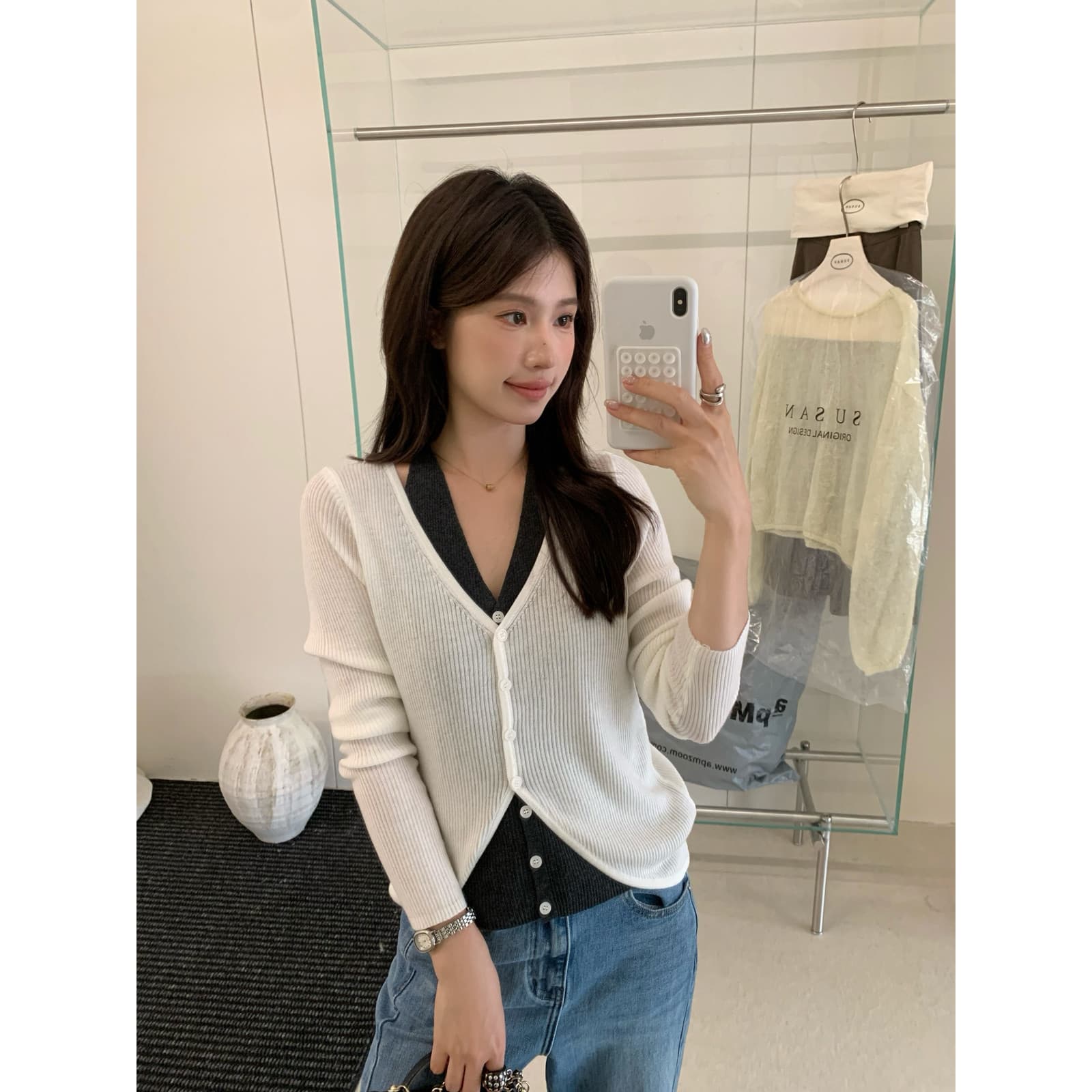 sinsa susan- 부드러운 한 조정 가을 켜기 새로운 한 부서 부드러운 페이크 레이어드 니트 오픈 가디건 si809s 상세 이미지 2