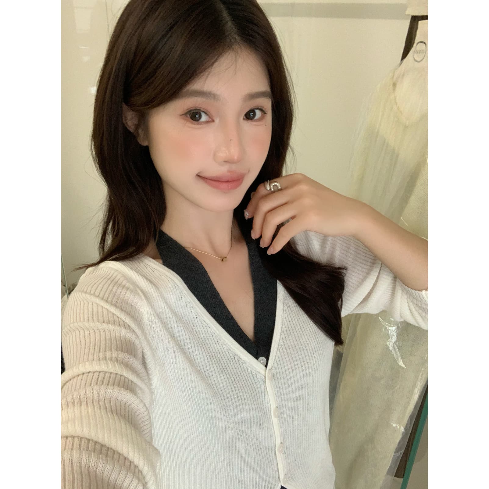 sinsa susan- 부드러운 한 조정 가을 켜기 새로운 한 부서 부드러운 페이크 레이어드 니트 오픈 가디건 si809s 상세 이미지 3