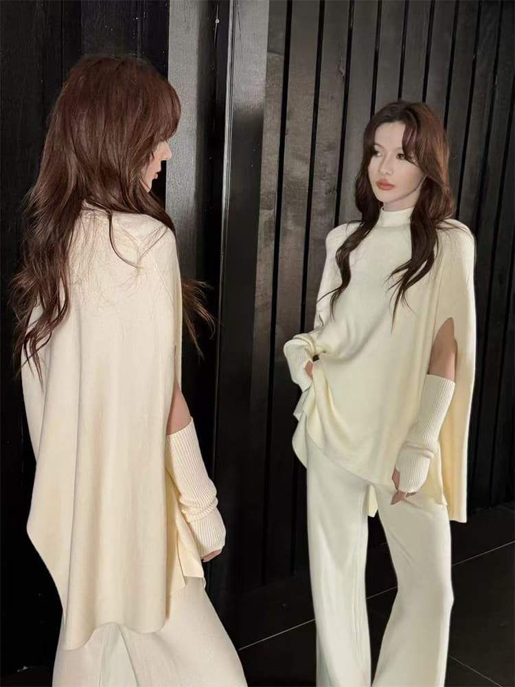 패션 디자인 센스 고급 느긋한 바람 고급 센스 박쥐 셔츠 세트 맨위 소매 커버 와이드 레그 팬츠 3종 세트