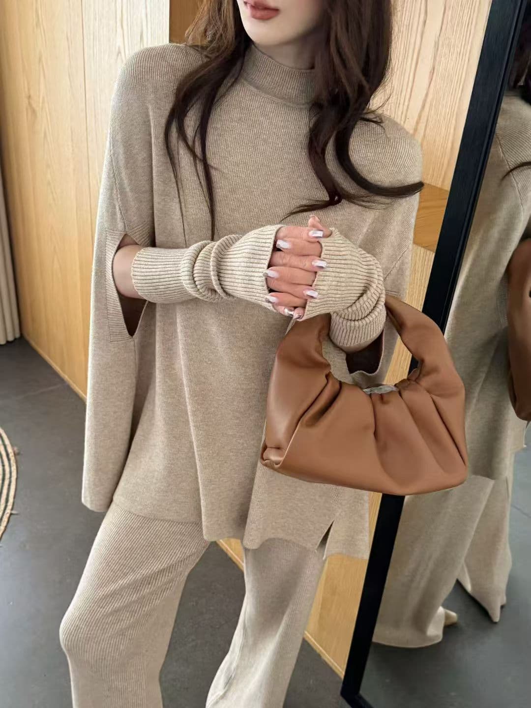 패션 디자인 센스 고급 느긋한 바람 고급 센스 박쥐 셔츠 세트 맨위 소매 커버 와이드 레그 팬츠 3종 세트 상세 이미지 6