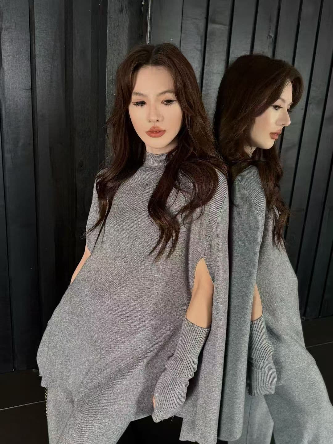 패션 디자인 센스 고급 느긋한 바람 고급 센스 박쥐 셔츠 세트 맨위 소매 커버 와이드 레그 팬츠 3종 세트 상세 이미지 15