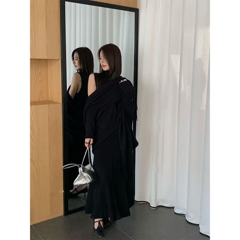 프랑스식 느긋한 센스 착용 가져 가라. 레트로 망토 숄 재킷 니트 드레스 투피스 슈트 2026 가을 겨울철 여성 이미지 3