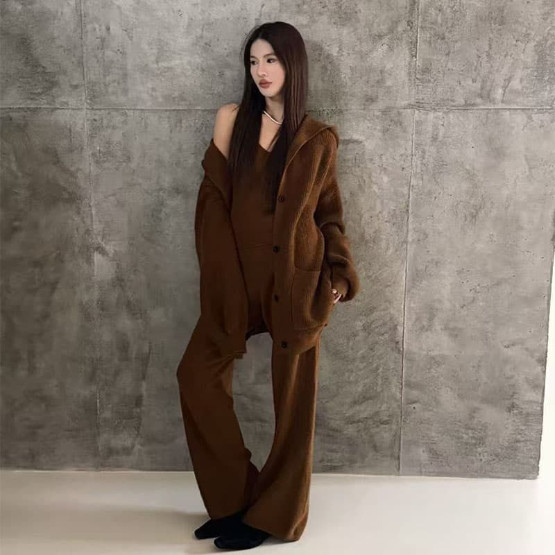 가을 겨울 캐주얼 루즈핏 후드 스웨터 니트 카디건 코트 캐미솔 와이드 레그 팬츠 3종 세트 세트 여성 이미지 5