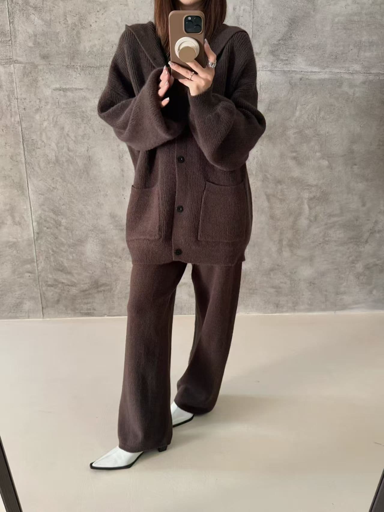 가을 겨울 캐주얼 루즈핏 후드 스웨터 니트 카디건 코트 캐미솔 와이드 레그 팬츠 3종 세트 세트 여성 상세 이미지 6
